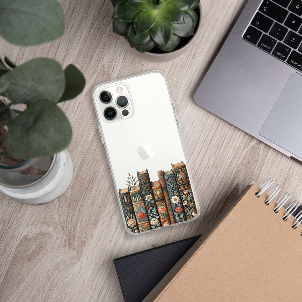Vintage Floral Bookshelf Clear Case for iPhone 12 Pro Max - Dark Academia Book Lover Cover