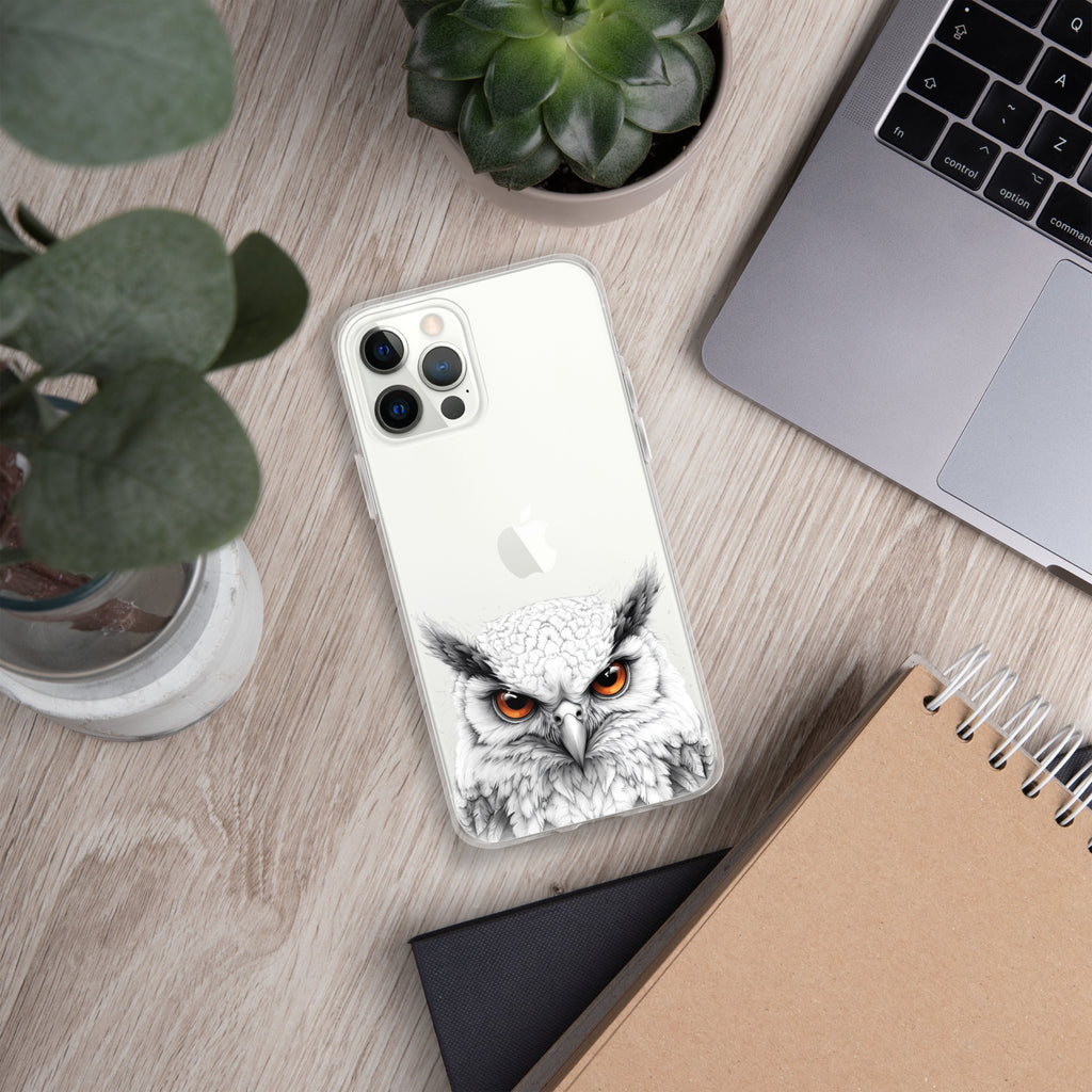 Snowy Owl Glare Clear Case for iPhone 12 Pro Max - Minimalist White Owl Illustration Protective Cover