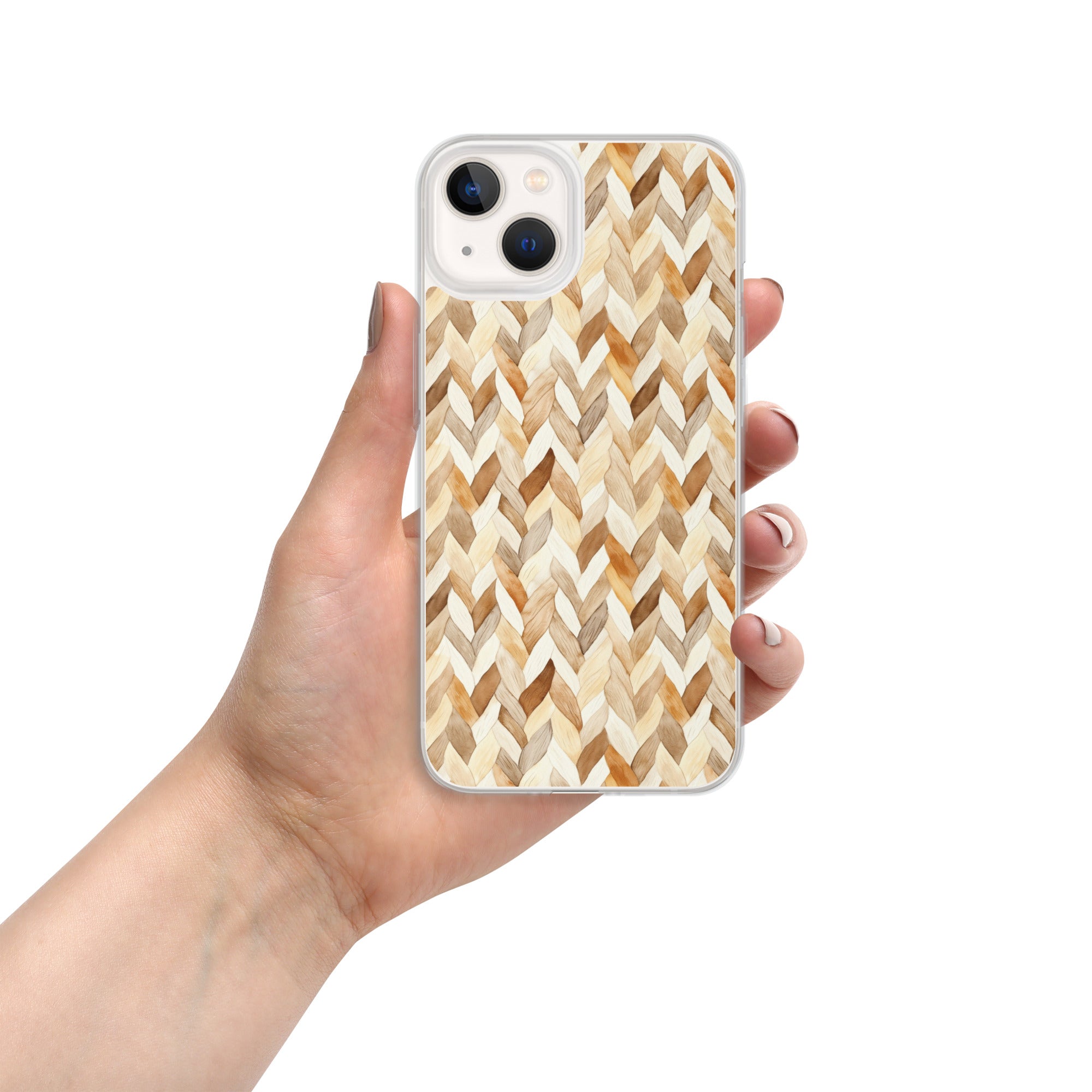 Cozy Knit Pattern Clear Case for iPhone 13 - Neutral Braided Texture Protective Cover