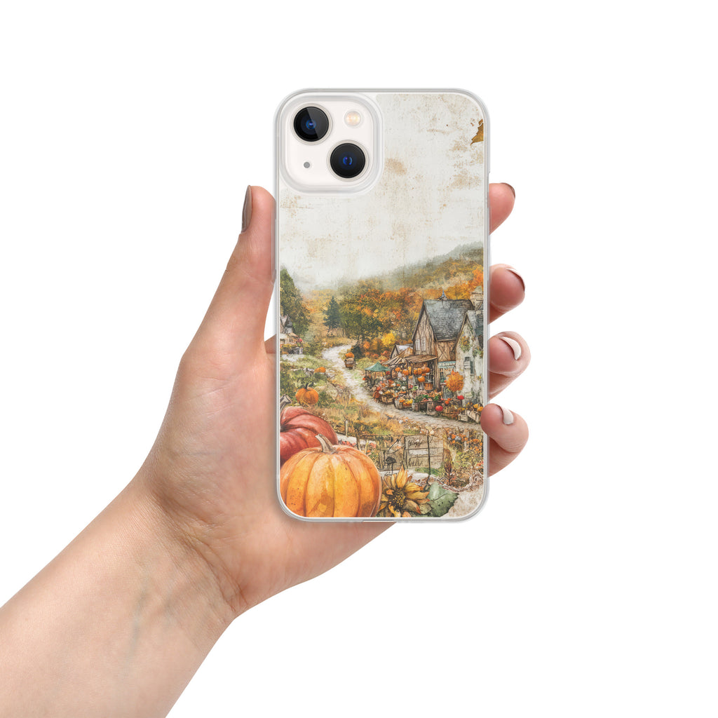 Autumn Village Clear Case for iPhone 13 - Fall Rustic Pumpkin Design Protective Cover