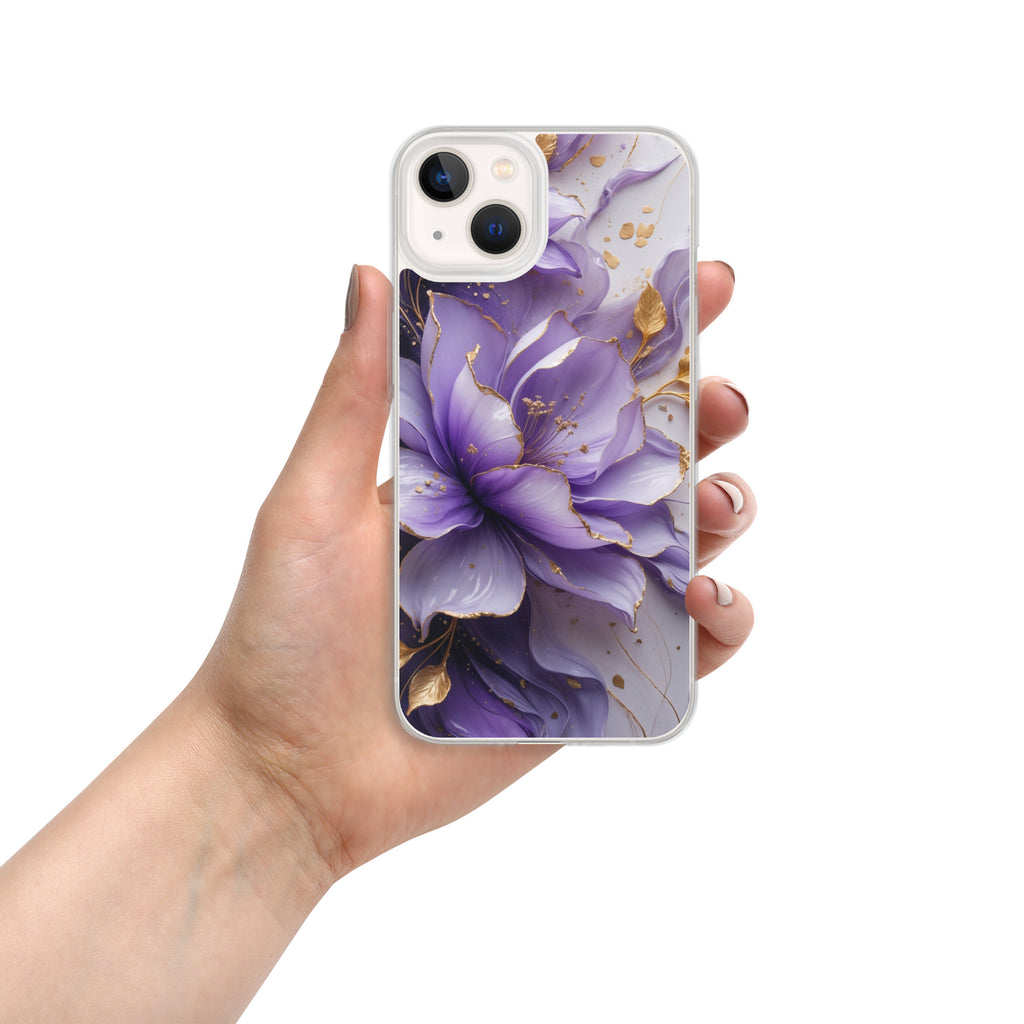 Royal Violet Bloom Clear Case for iPhone 13 - Luxury Purple & Gold Floral Protective Cover