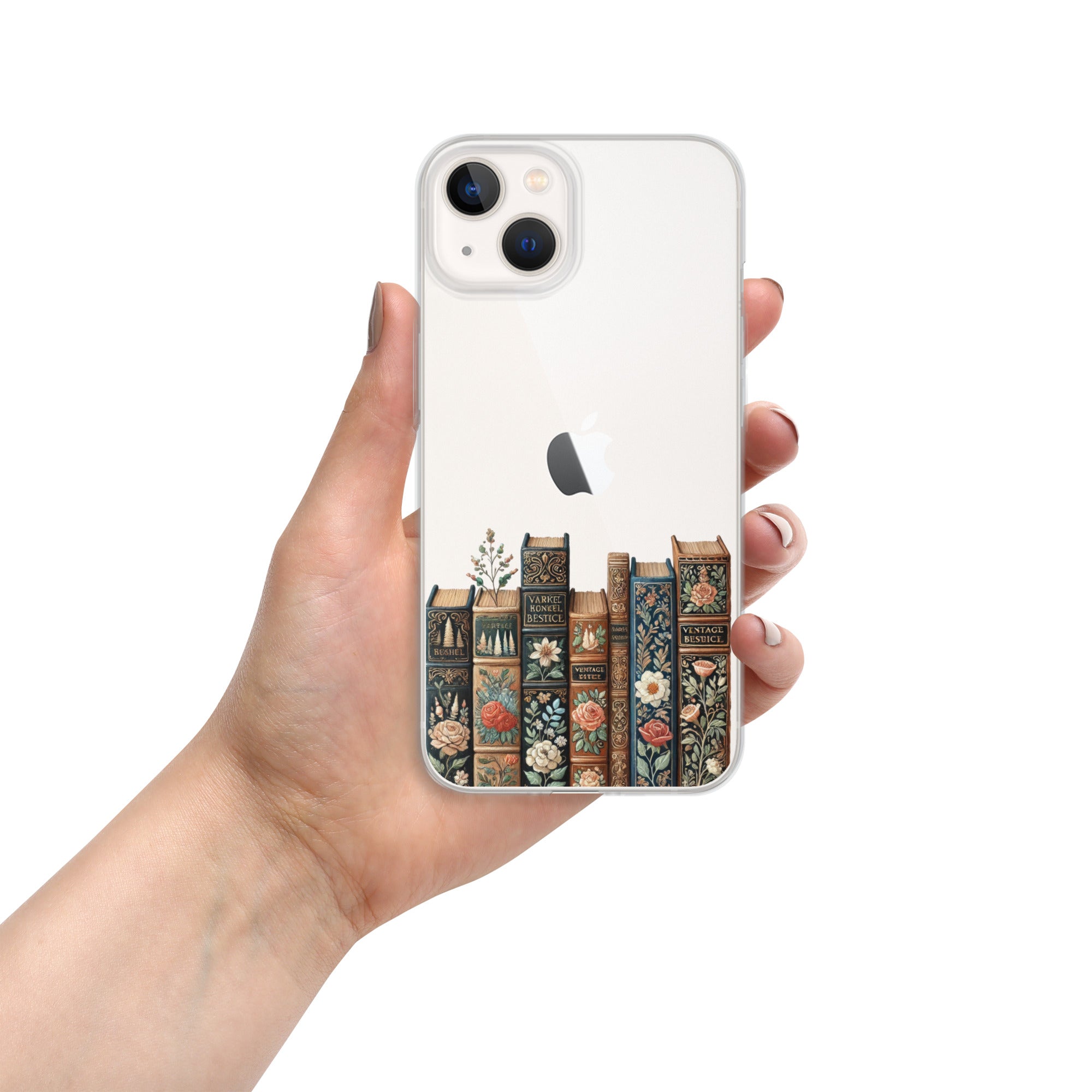 Vintage Floral Bookshelf Clear Case for iPhone 13 - Dark Academia Book Lover Cover