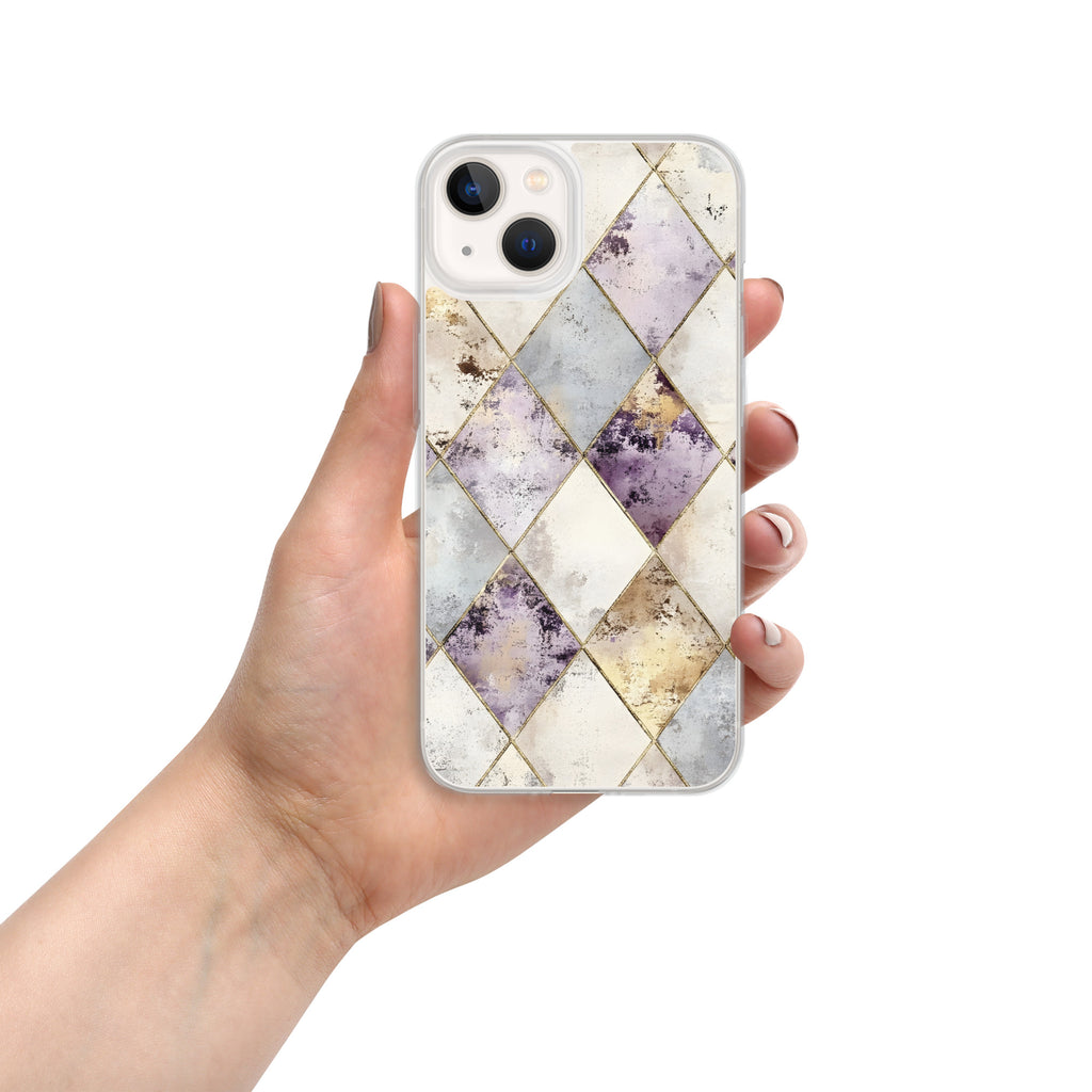 Golden Harlequin Damask Clear Case for iPhone 13 - Elegant Gold Geometric Protective Cover