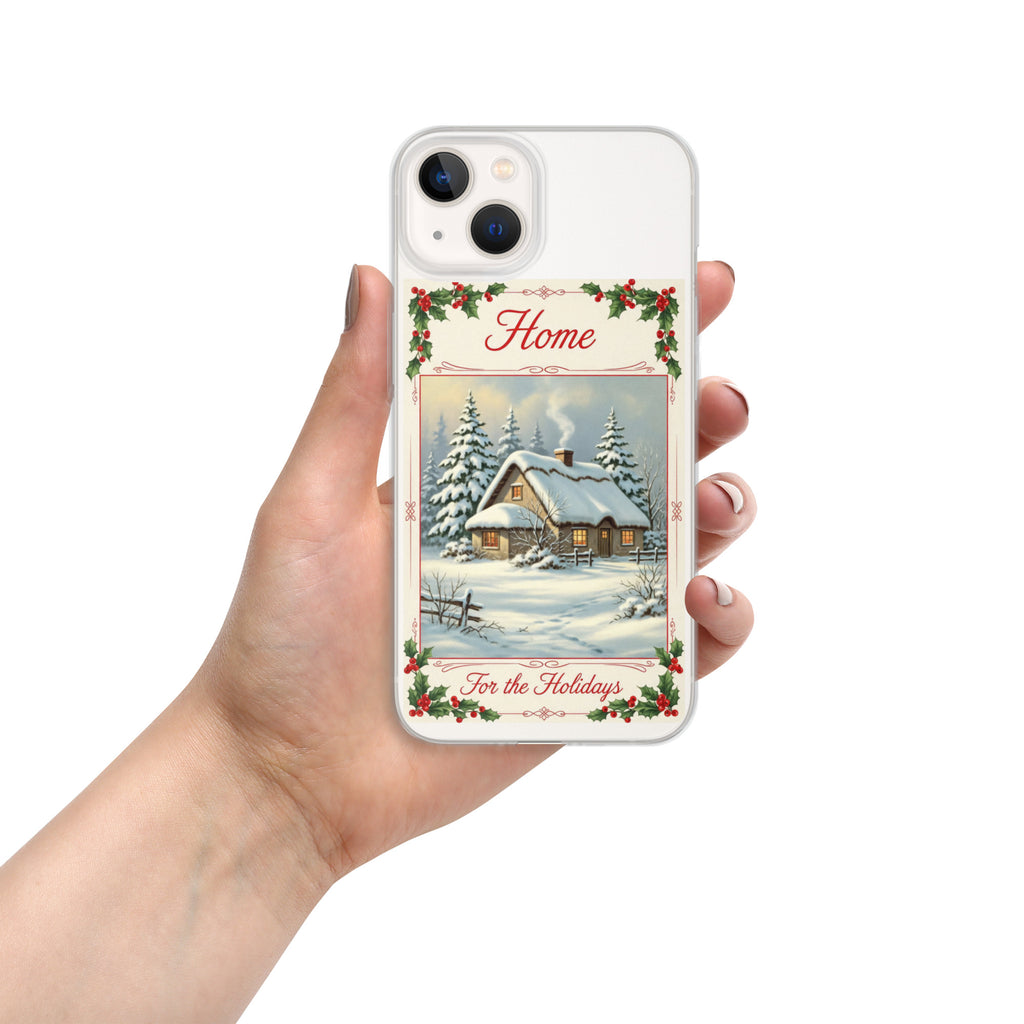 Home for the Holidays Clear Case for iPhone 13 - Vintage Christmas Cottage Protective Cover
