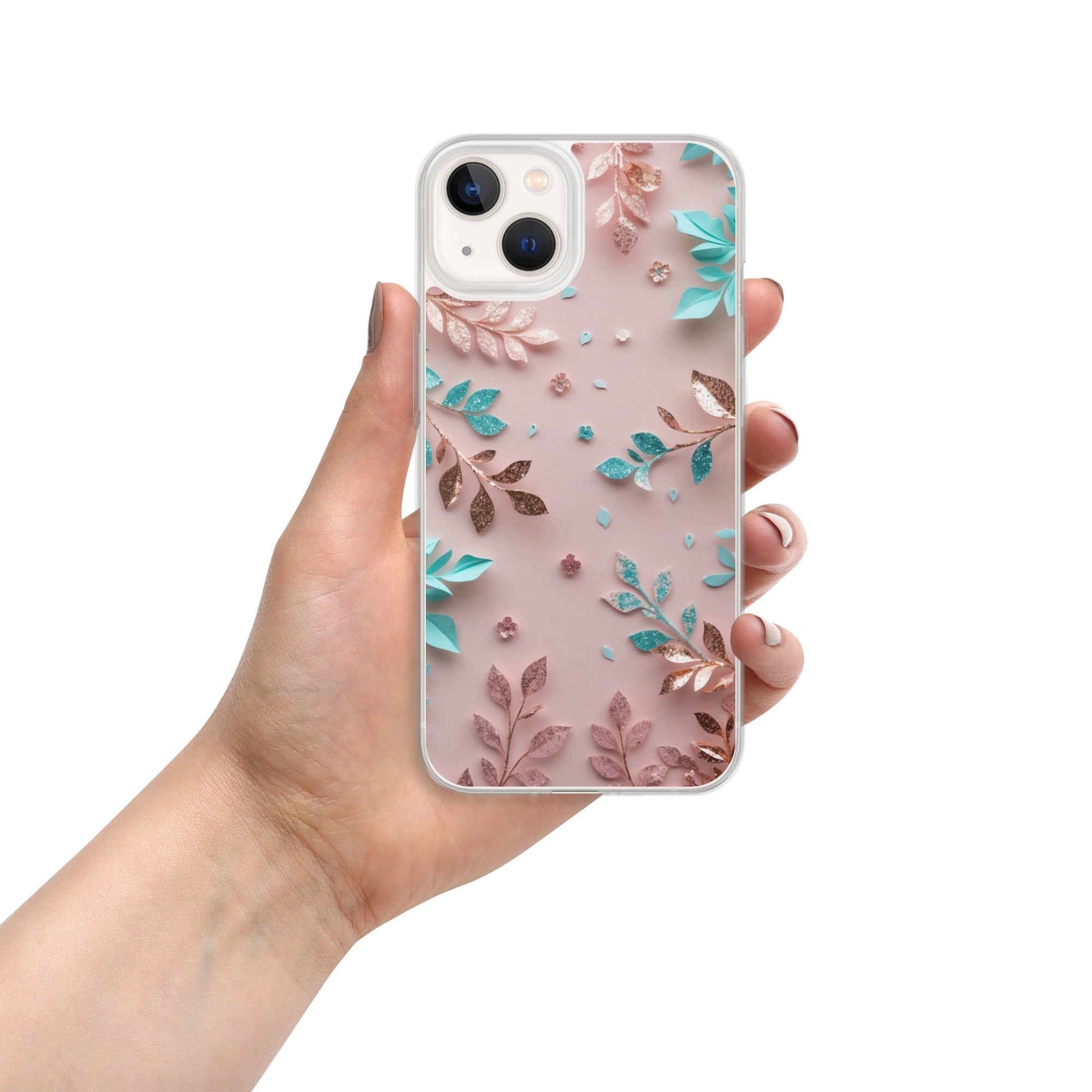 Blush Garden Glam Clear Case for iPhone 13 - Pink & Teal Glitter Floral Protective Cover