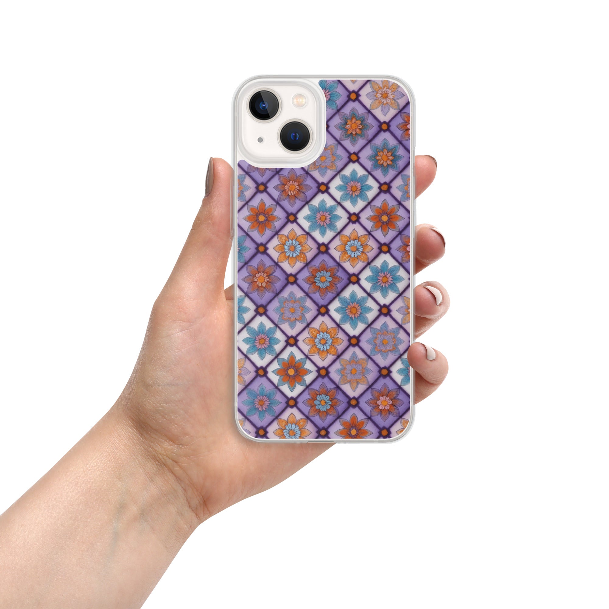 Violet Mosaic Blooms Clear Case for iPhone 13 - Colorful Floral Pattern Protective Cover