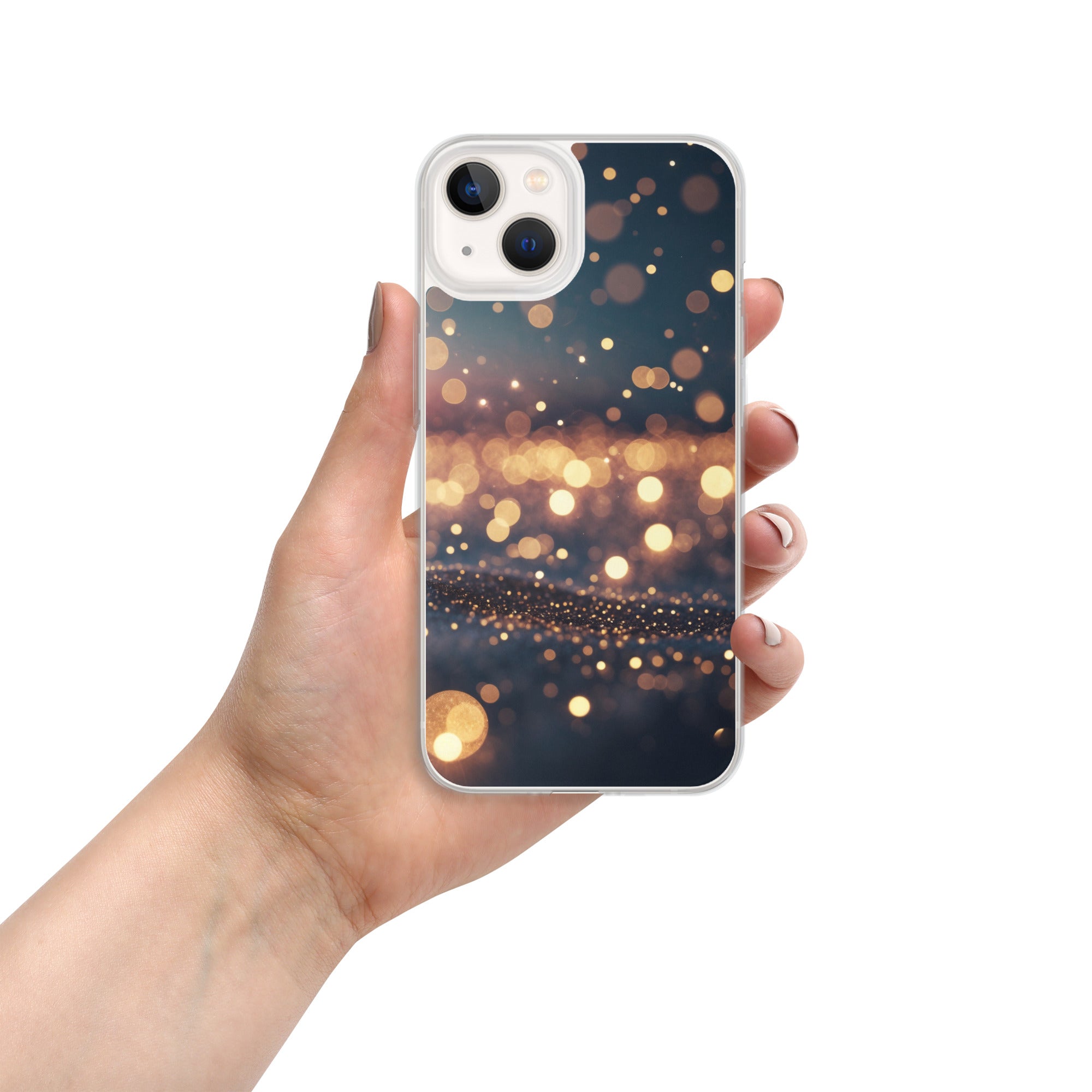 Golden Sparkle Bokeh Clear Case for iPhone 13 - Glam Gold Light Glitter Protective Cover