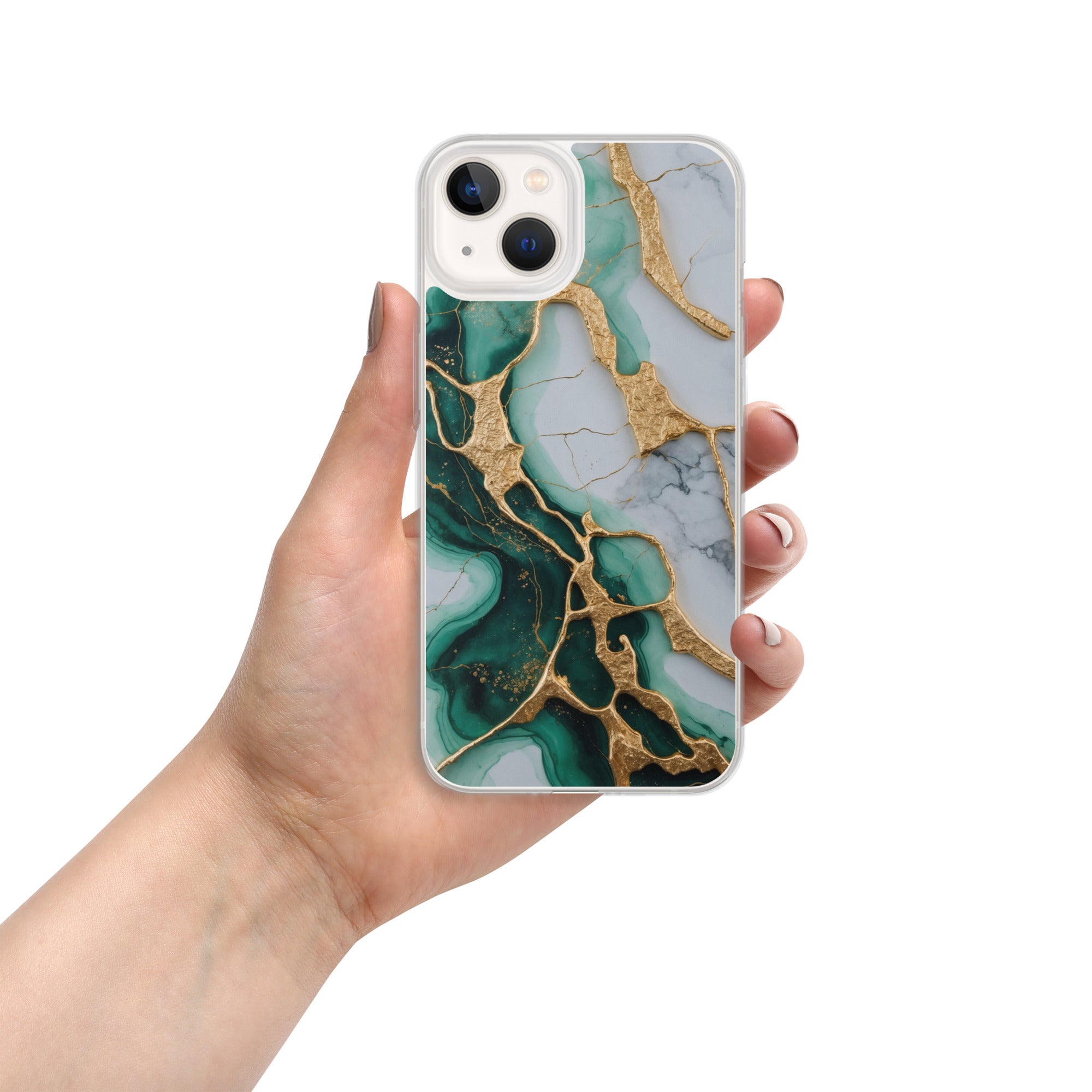 Emerald Golden Marble Flow Clear Case for iPhone 13 - Luxury Green & Gold Marble Protective Cover
