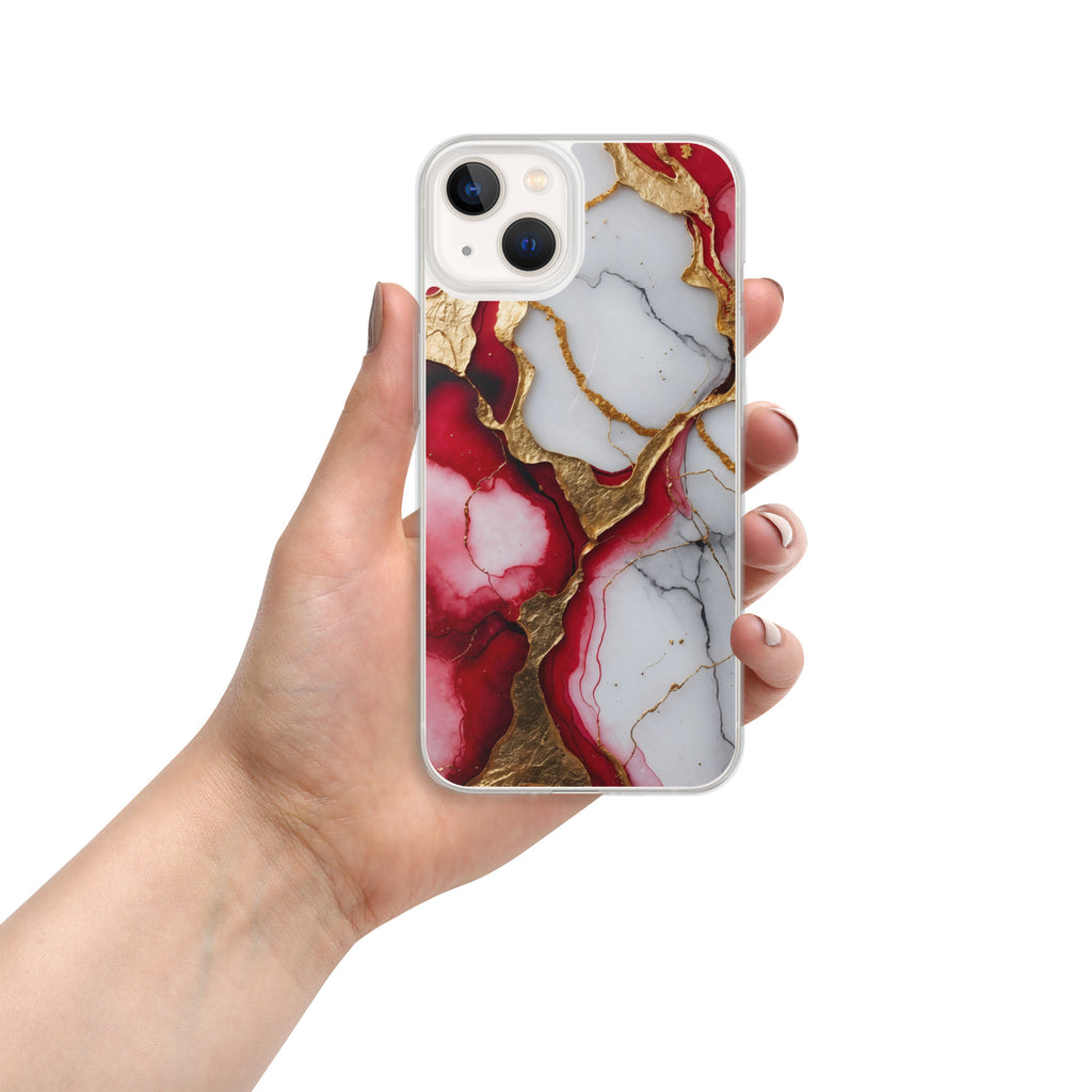 Crimson Golden Marble Luxe Clear Case for iPhone 13 - Luxury Red & Gold Marble Protective Cover