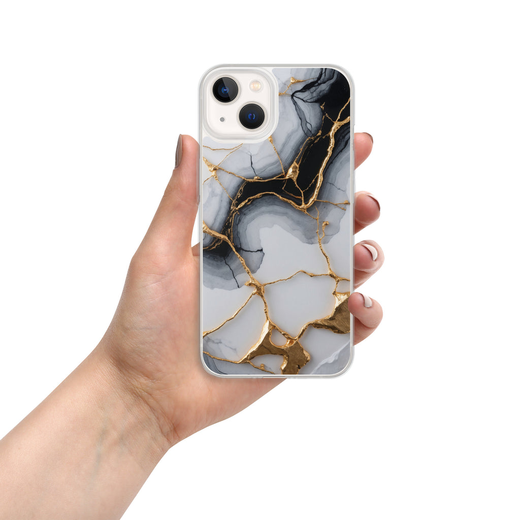 Golden Marble Veins Clear Case for iPhone 13 - Luxury Black & White Marble Protective Cover