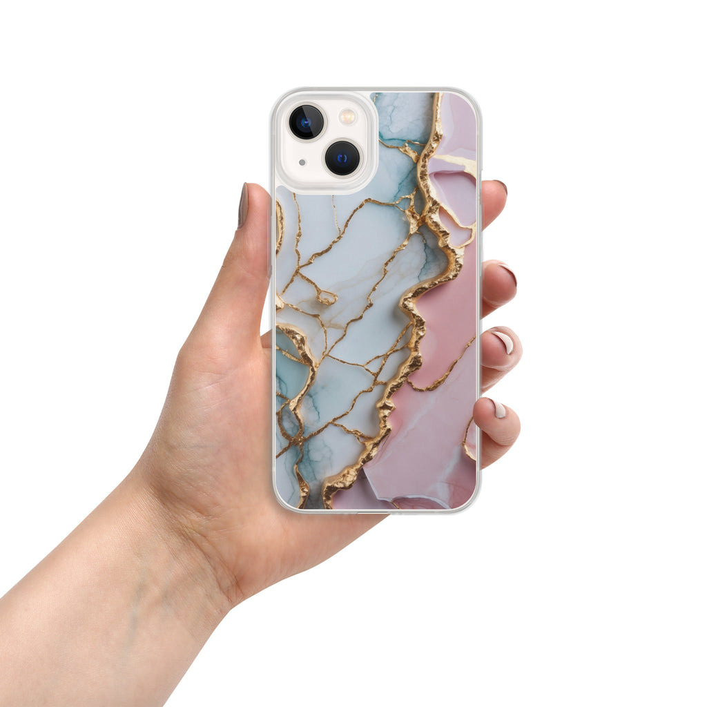 Pastel Golden Marble Fusion Clear Case for iPhone 13 - Luxury Pink & Blue Marble Protective Cover
