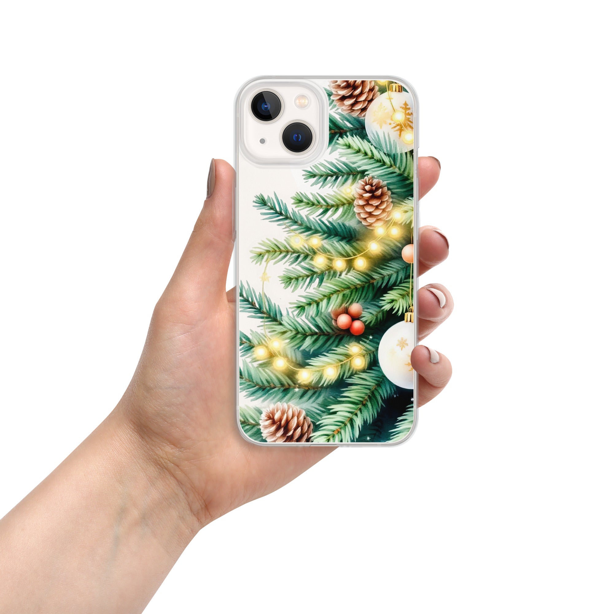 Holiday Pine Glow Clear Case for iPhone 13 - Christmas Pine Branches & Warm Lights Protective Cover