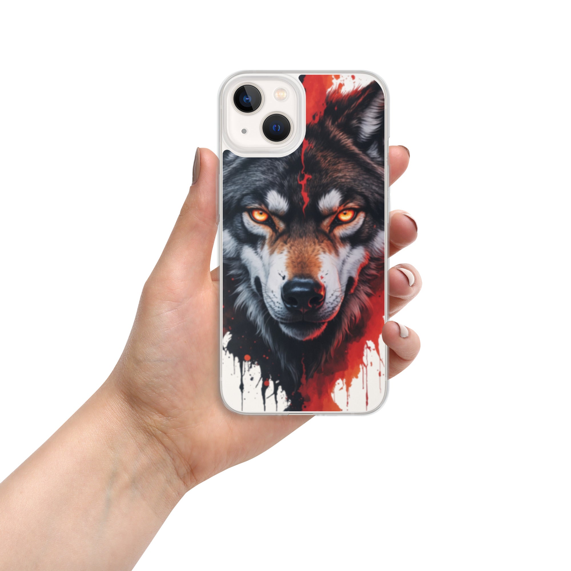 Dual Flame Wolf Clear Case for iPhone 13 - Fierce Wolf Artwork Protective Cover