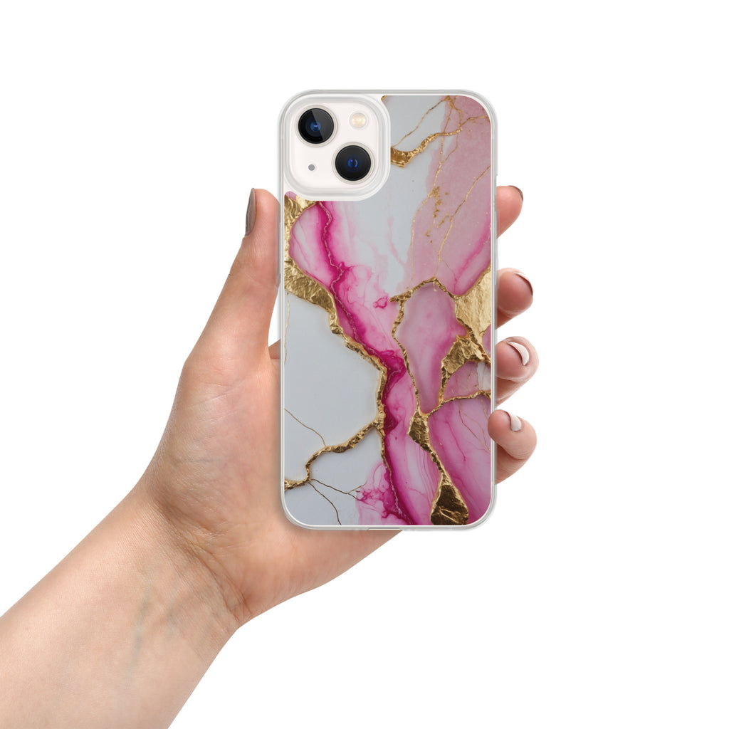 Pink Golden Marble Luxe Clear Case for iPhone 13 - Luxury Pink & Gold Marble Protective Cover
