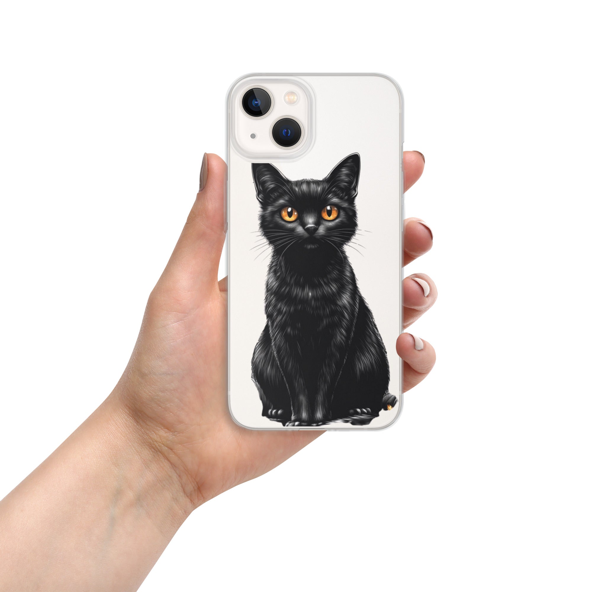 Midnight Black Cat Clear Case for iPhone 13 - Elegant Black Cat Illustration Protective Cover