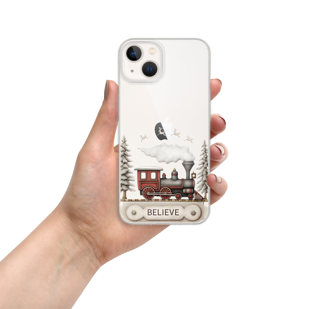 Believe Christmas Train Clear Case for iPhone 13 - Vintage Holiday Locomotive Winter Scene Cover