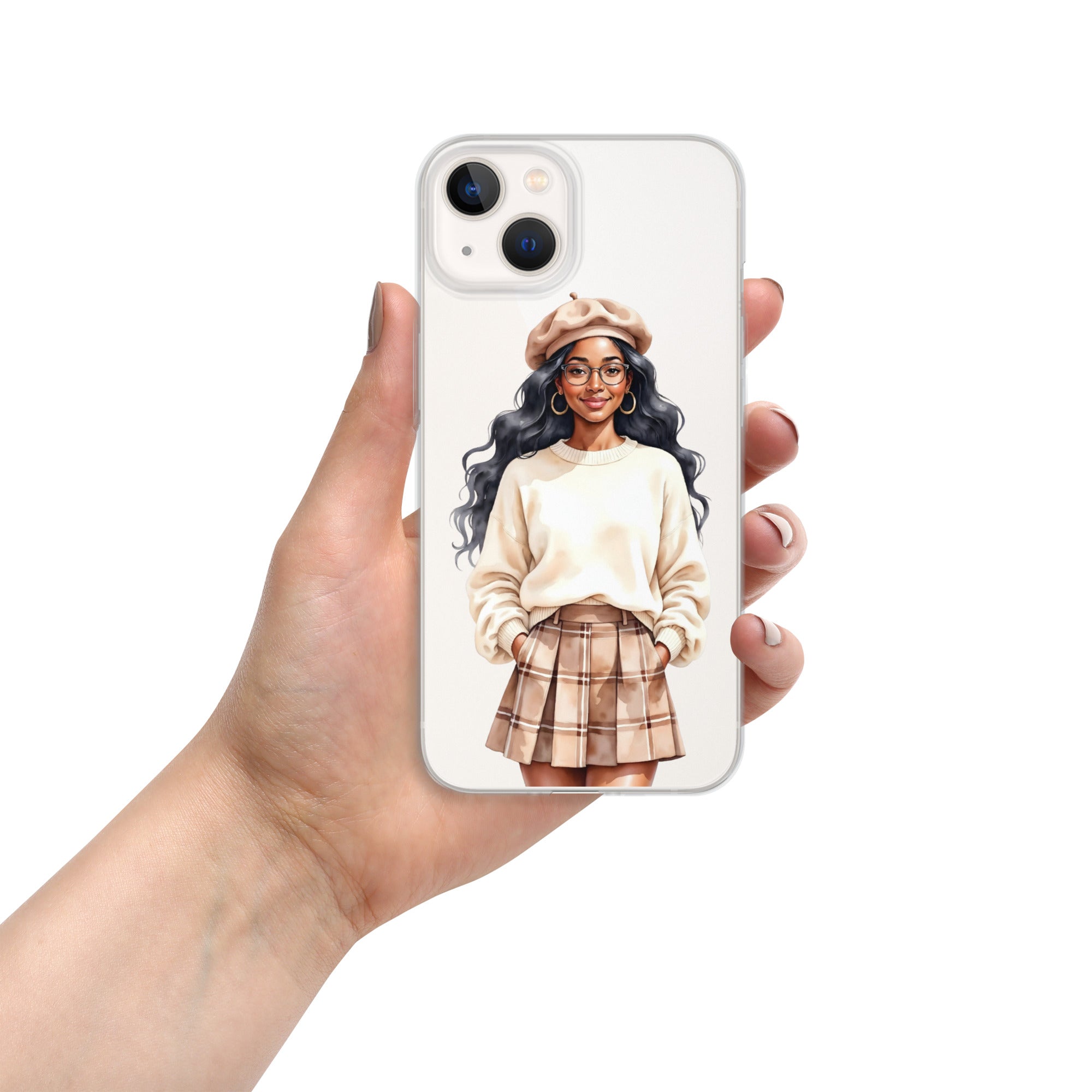 Cozy Plaid Autumn Girl Clear Case for iPhone 13 - Fashion Illustration Protective Cover