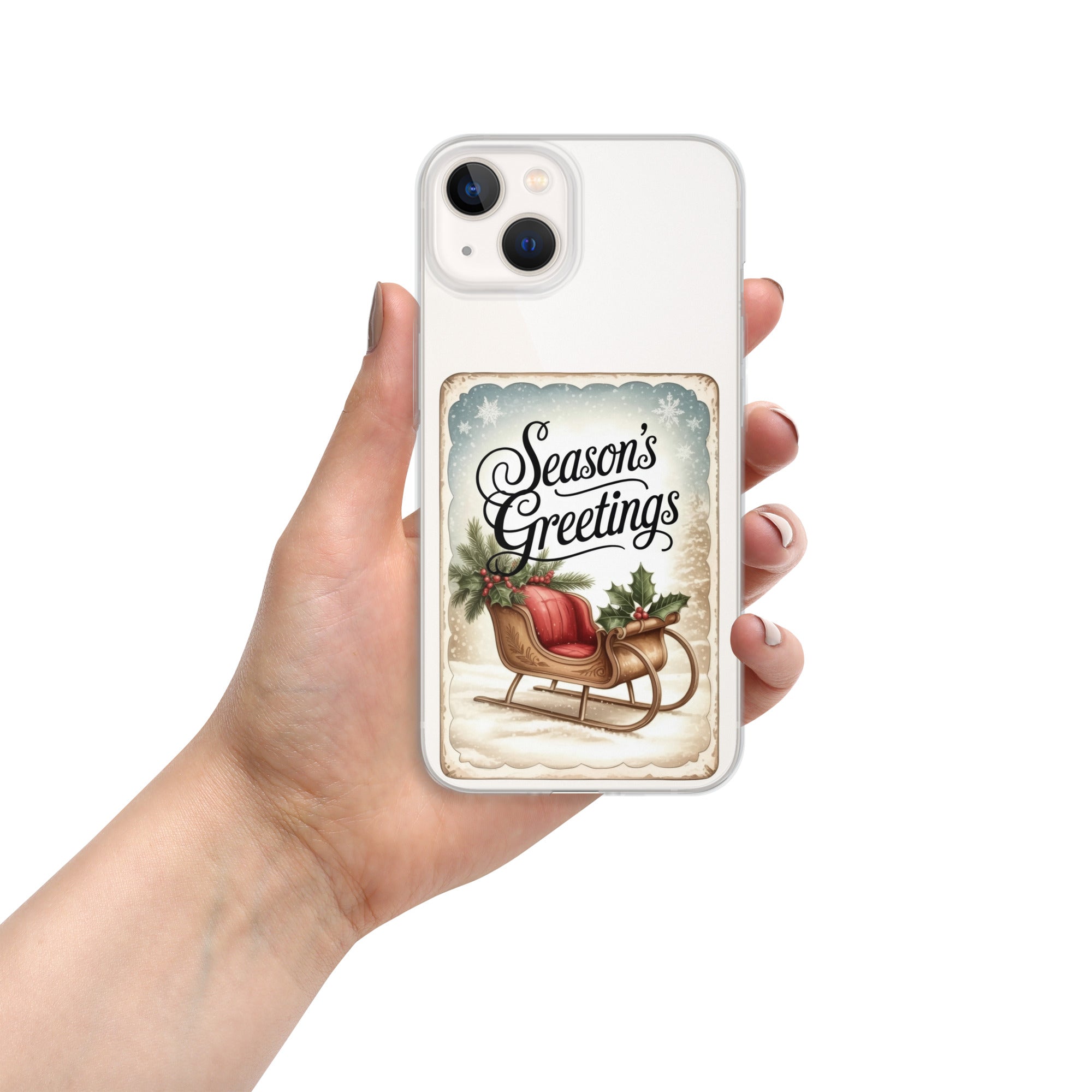 Season’s Greetings Vintage Holiday Clear Case for iPhone 13 - Retro Christmas Sleigh Festive Cover