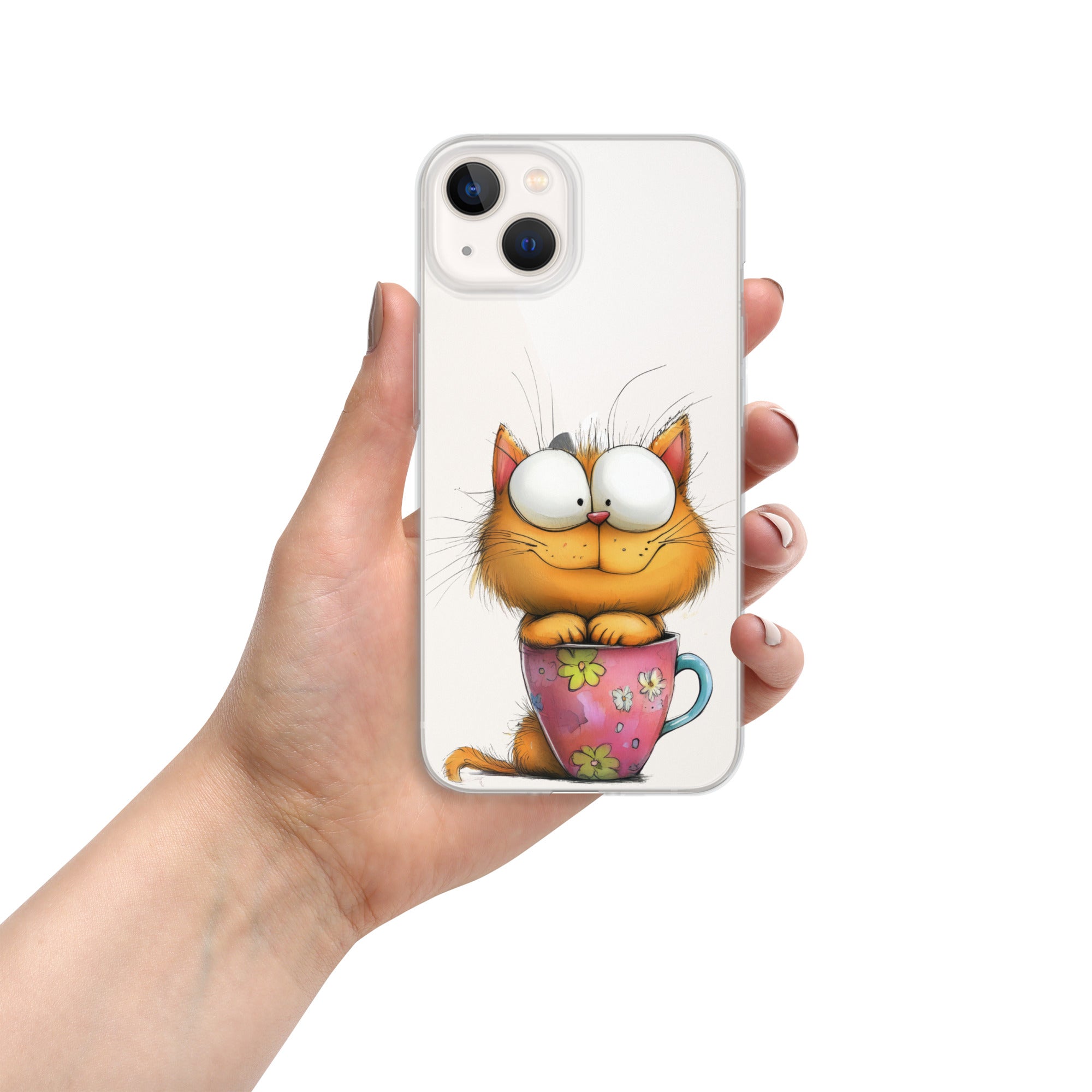 Goofy Cat in Cup Clear Case for iPhone 13 - Funny Cartoon Kitty Protective Cover
