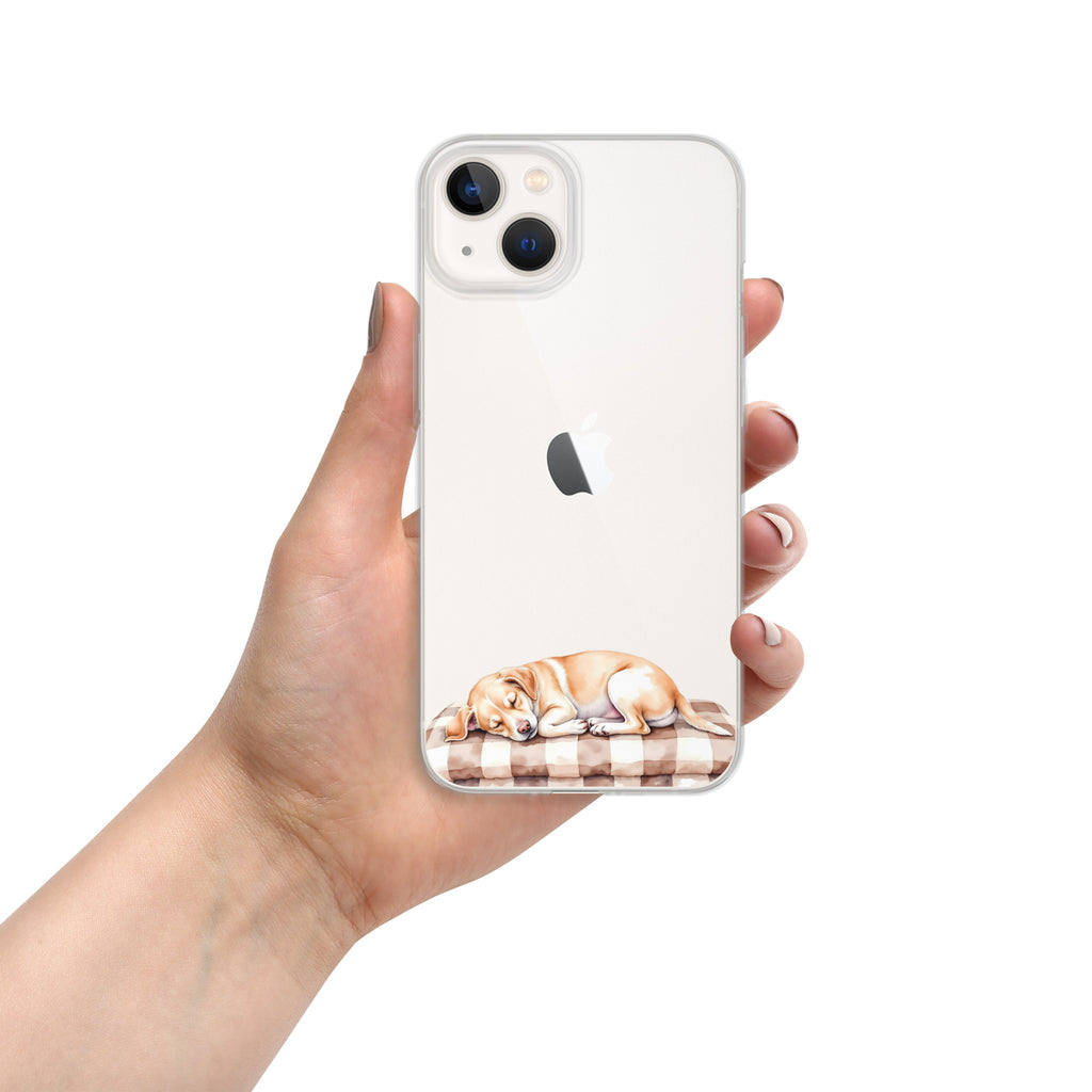 Sleepy Dog on Checkered Blanket Clear Case for iPhone 13 - Cute Cozy Puppy Illustration Protective Cover