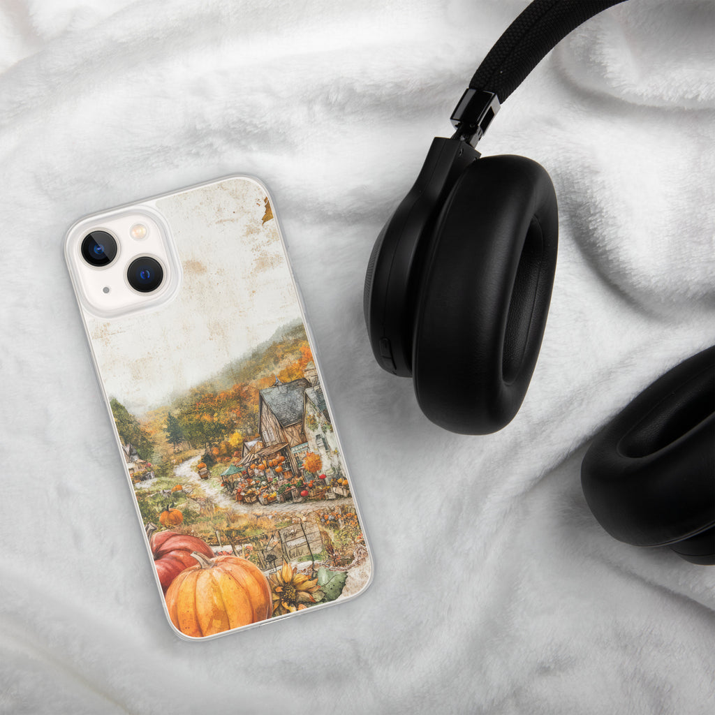 Autumn Village Clear Case for iPhone 13 - Fall Rustic Pumpkin Design Protective Cover