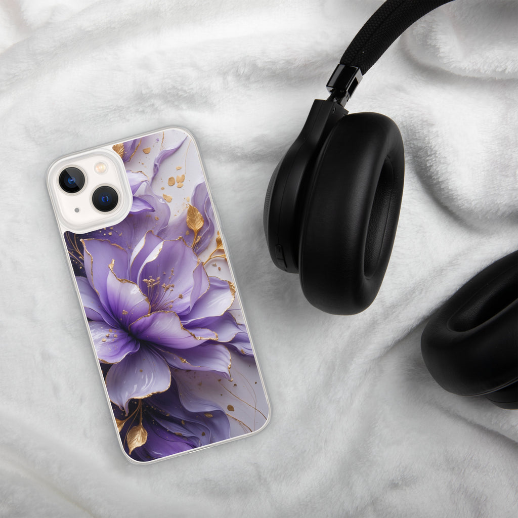 Royal Violet Bloom Clear Case for iPhone 13 - Luxury Purple & Gold Floral Protective Cover