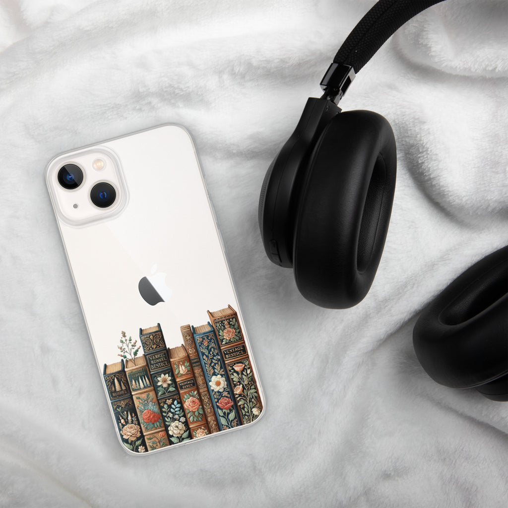 Vintage Floral Bookshelf Clear Case for iPhone 13 - Dark Academia Book Lover Cover