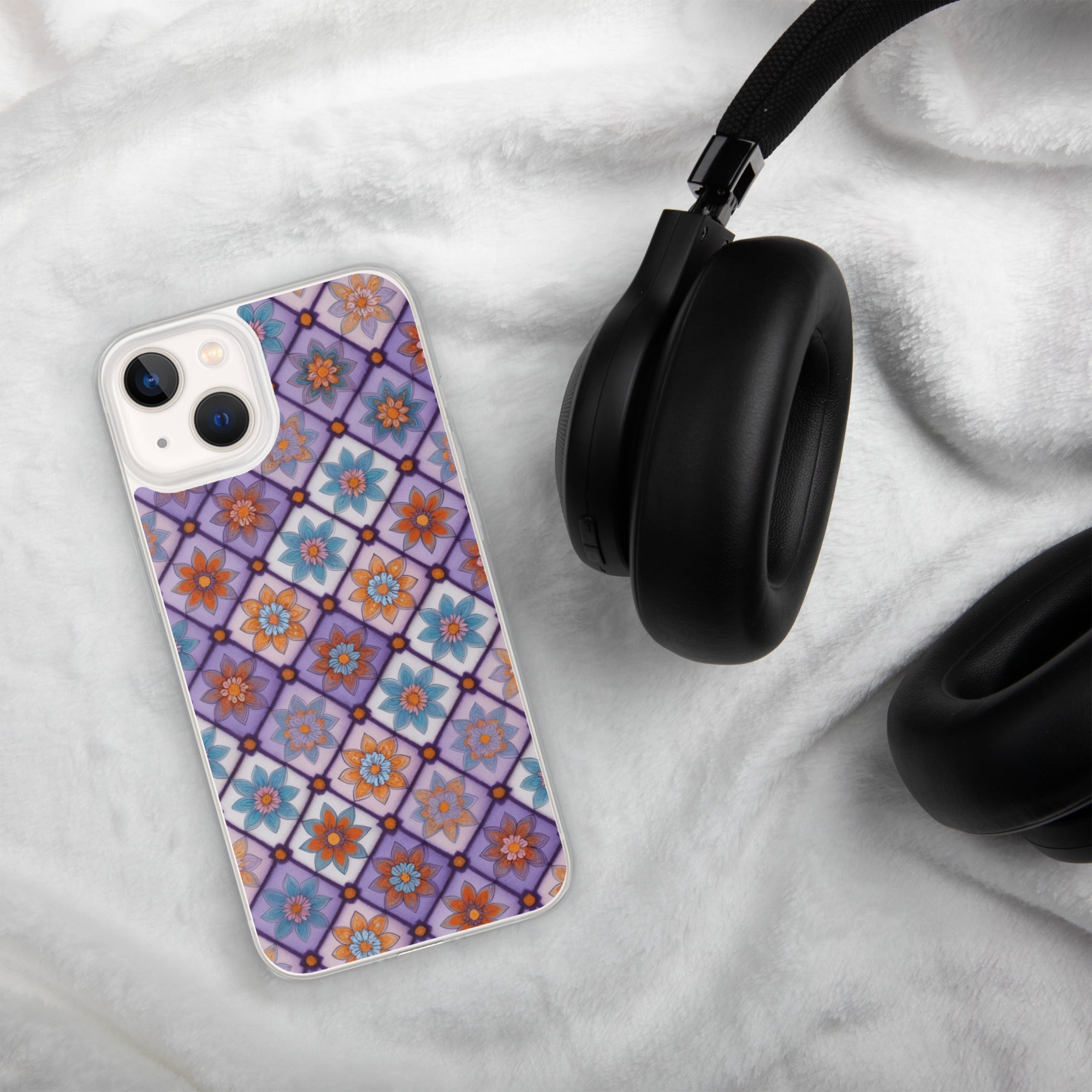 Violet Mosaic Blooms Clear Case for iPhone 13 - Colorful Floral Pattern Protective Cover