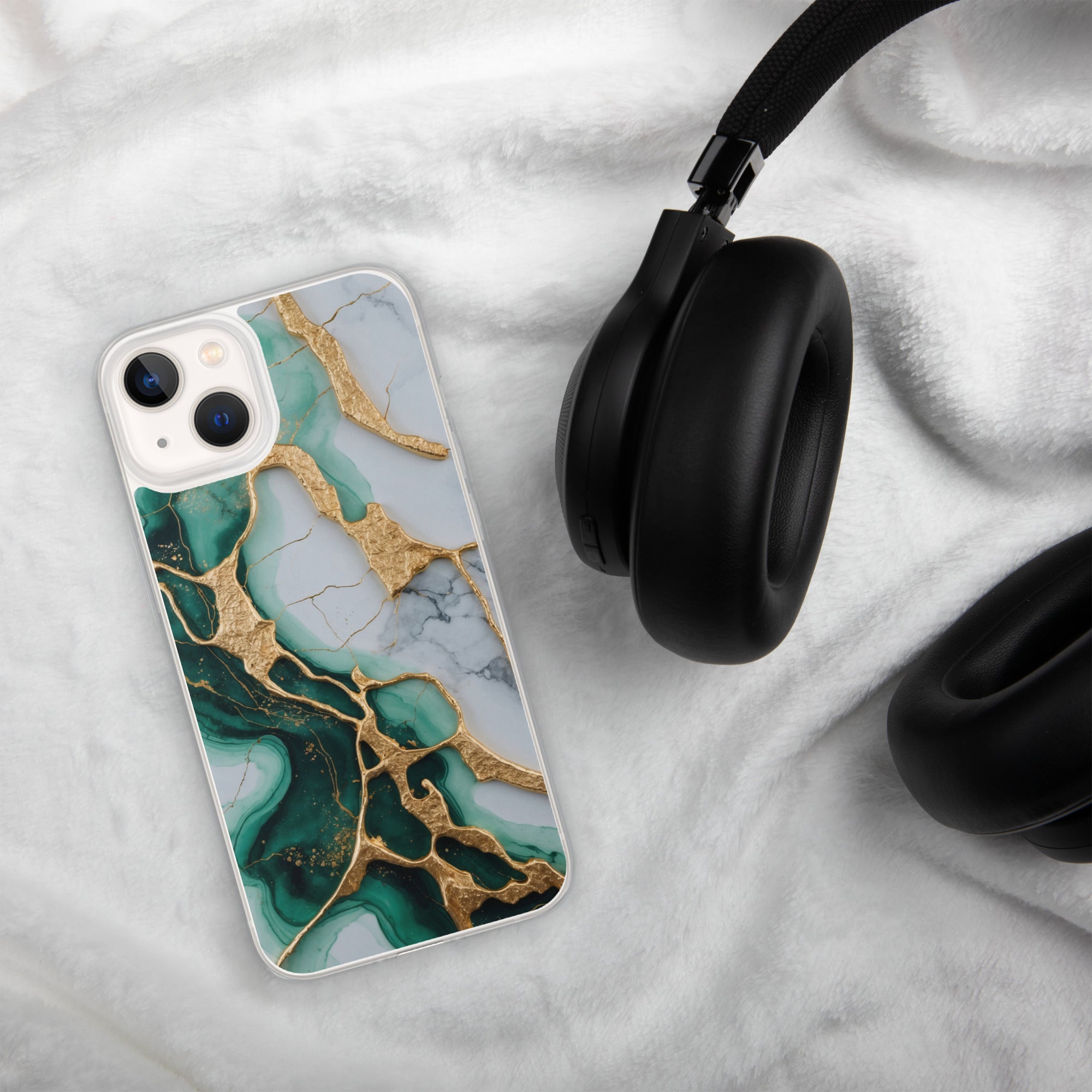 Emerald Golden Marble Flow Clear Case for iPhone 13 - Luxury Green & Gold Marble Protective Cover