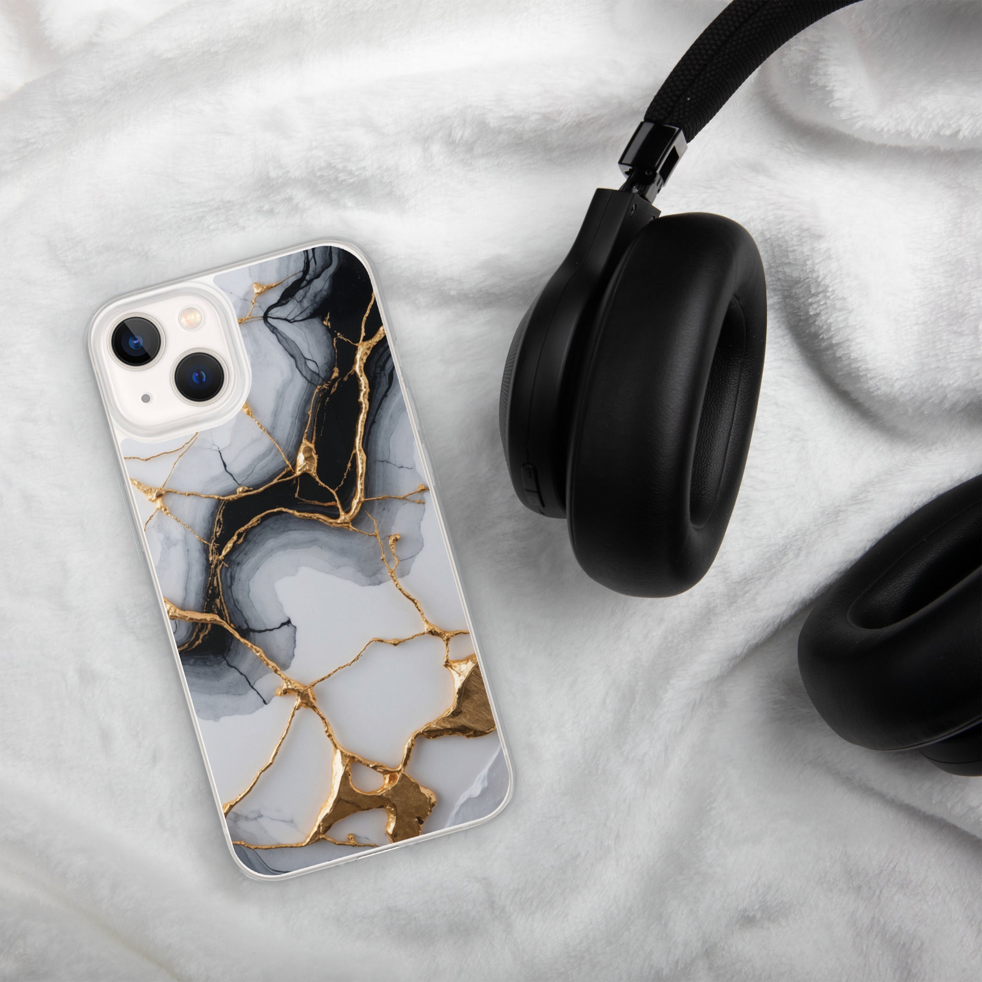Golden Marble Veins Clear Case for iPhone 13 - Luxury Black & White Marble Protective Cover