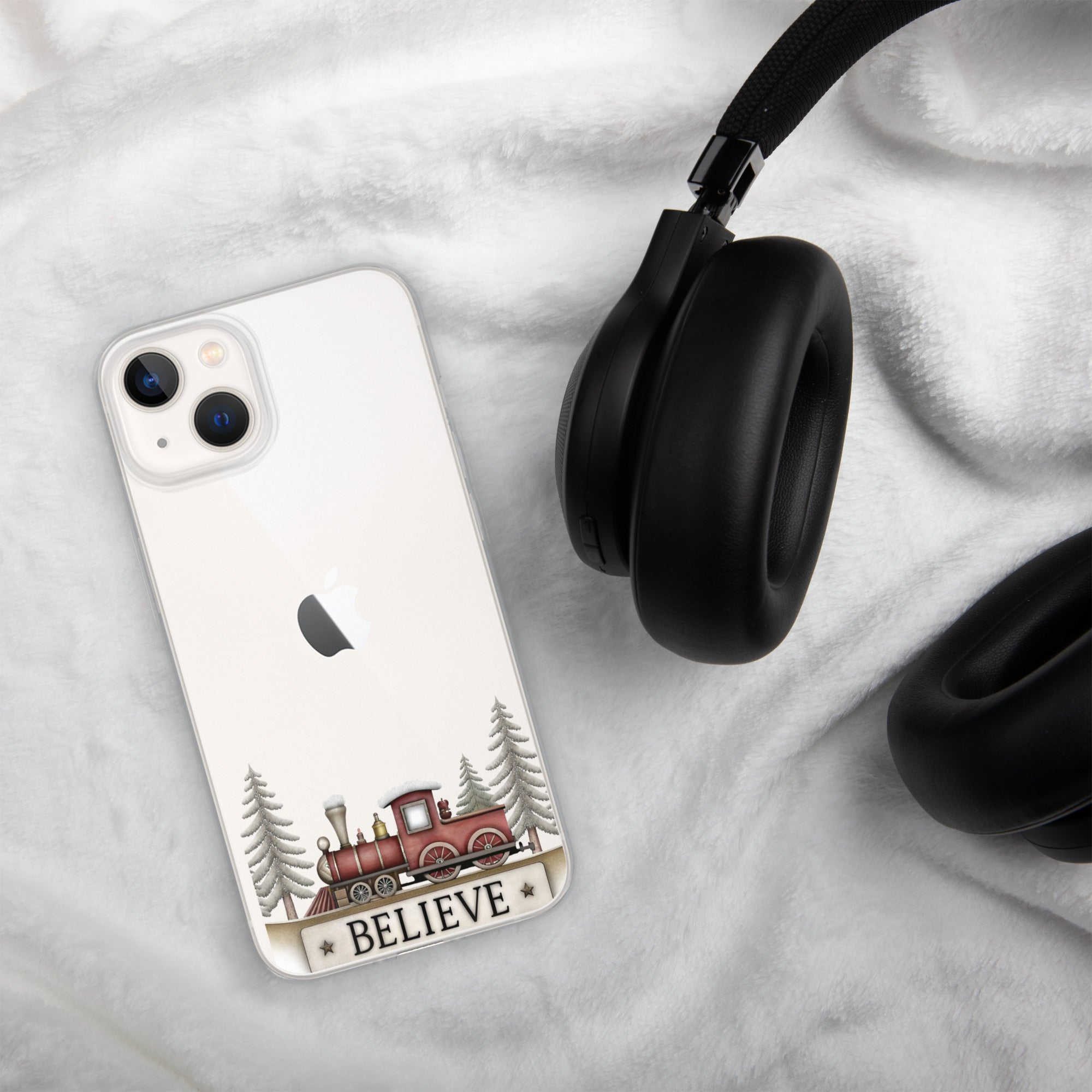 Christmas Believe Train Clear Case for iPhone 13 - Vintage Holiday Train Illustration Protective Cover