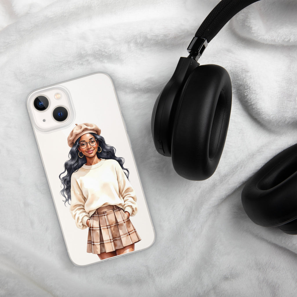 Cozy Plaid Autumn Girl Clear Case for iPhone 13 - Fashion Illustration Protective Cover