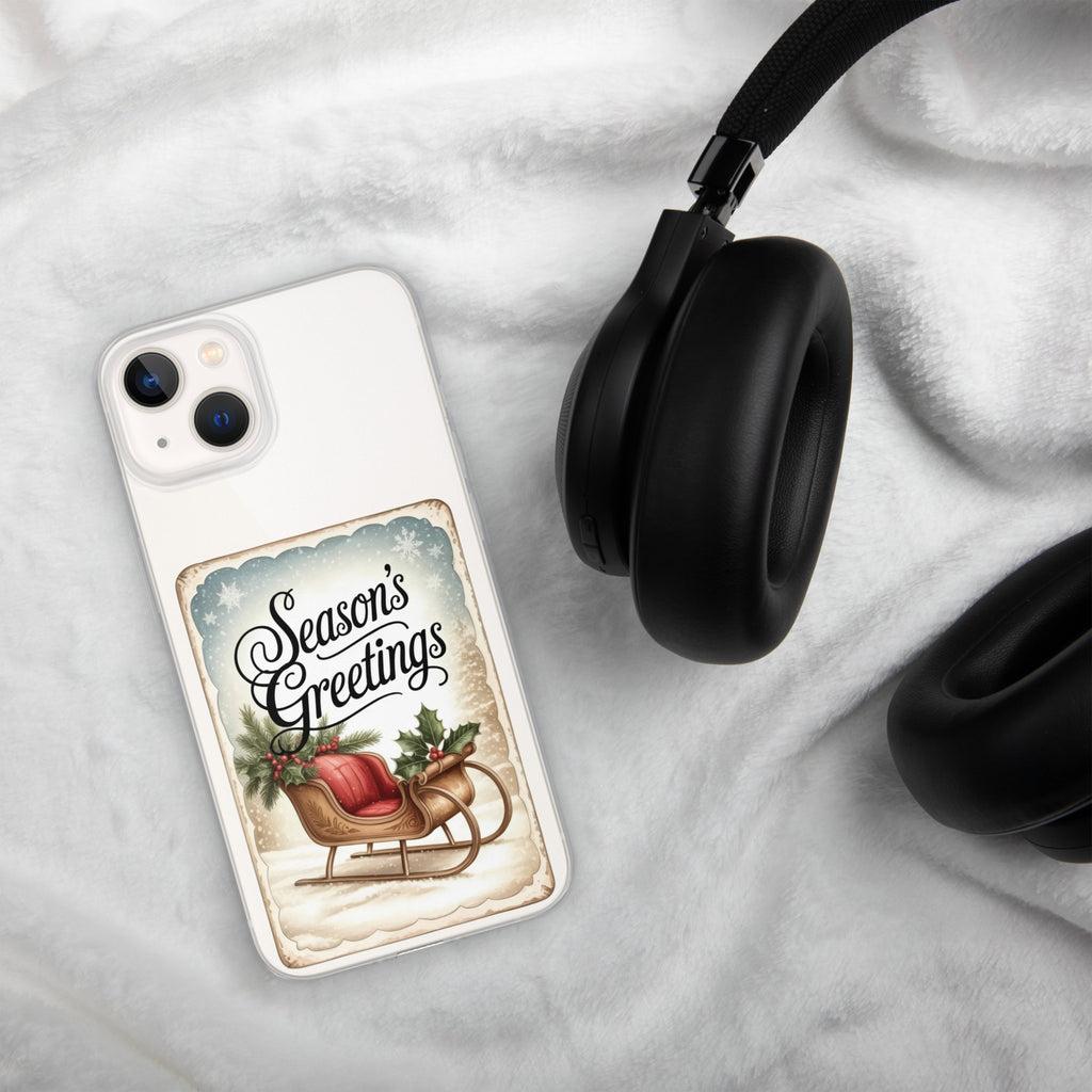 Season’s Greetings Vintage Holiday Clear Case for iPhone 13 - Retro Christmas Sleigh Festive Cover