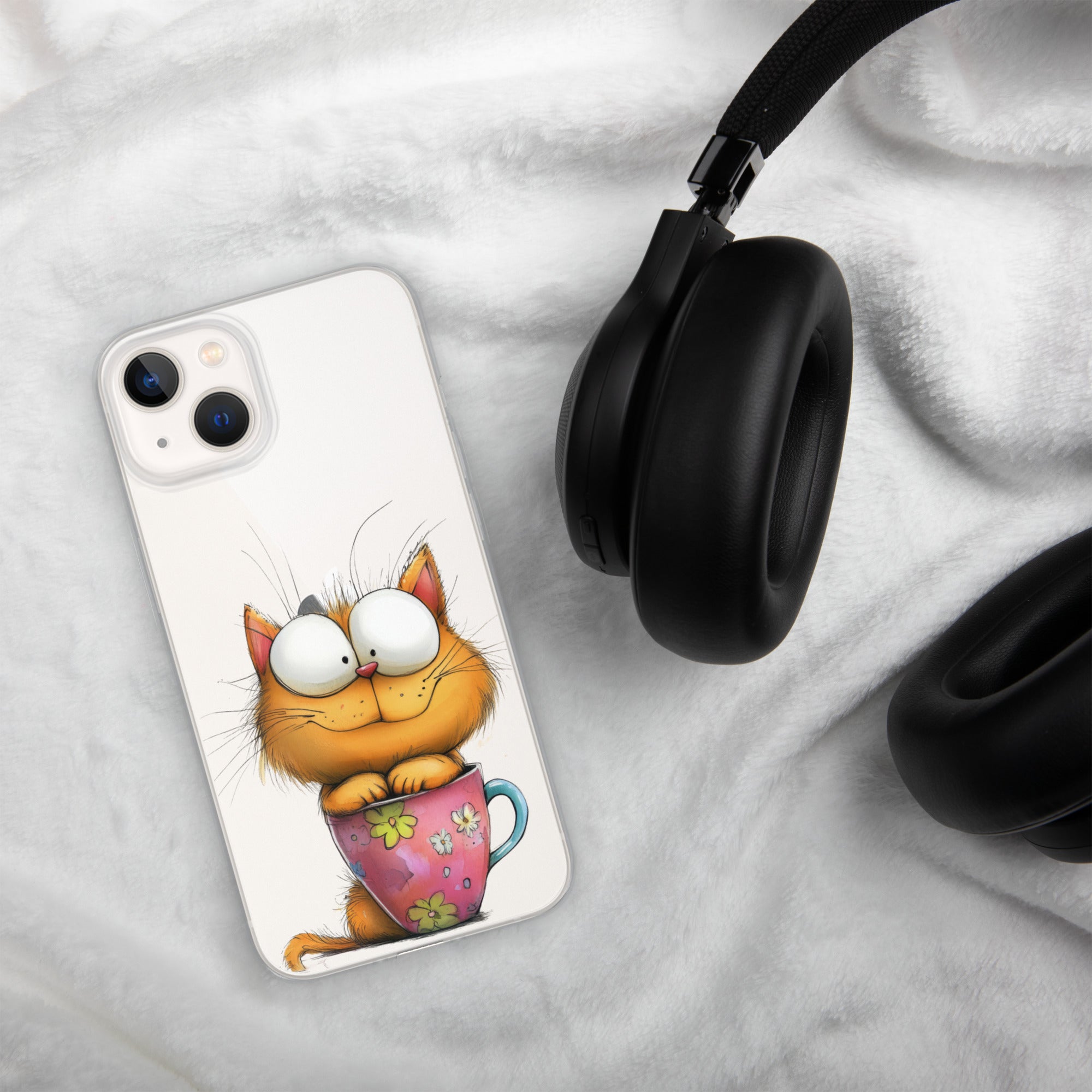 Goofy Cat in Cup Clear Case for iPhone 13 - Funny Cartoon Kitty Protective Cover