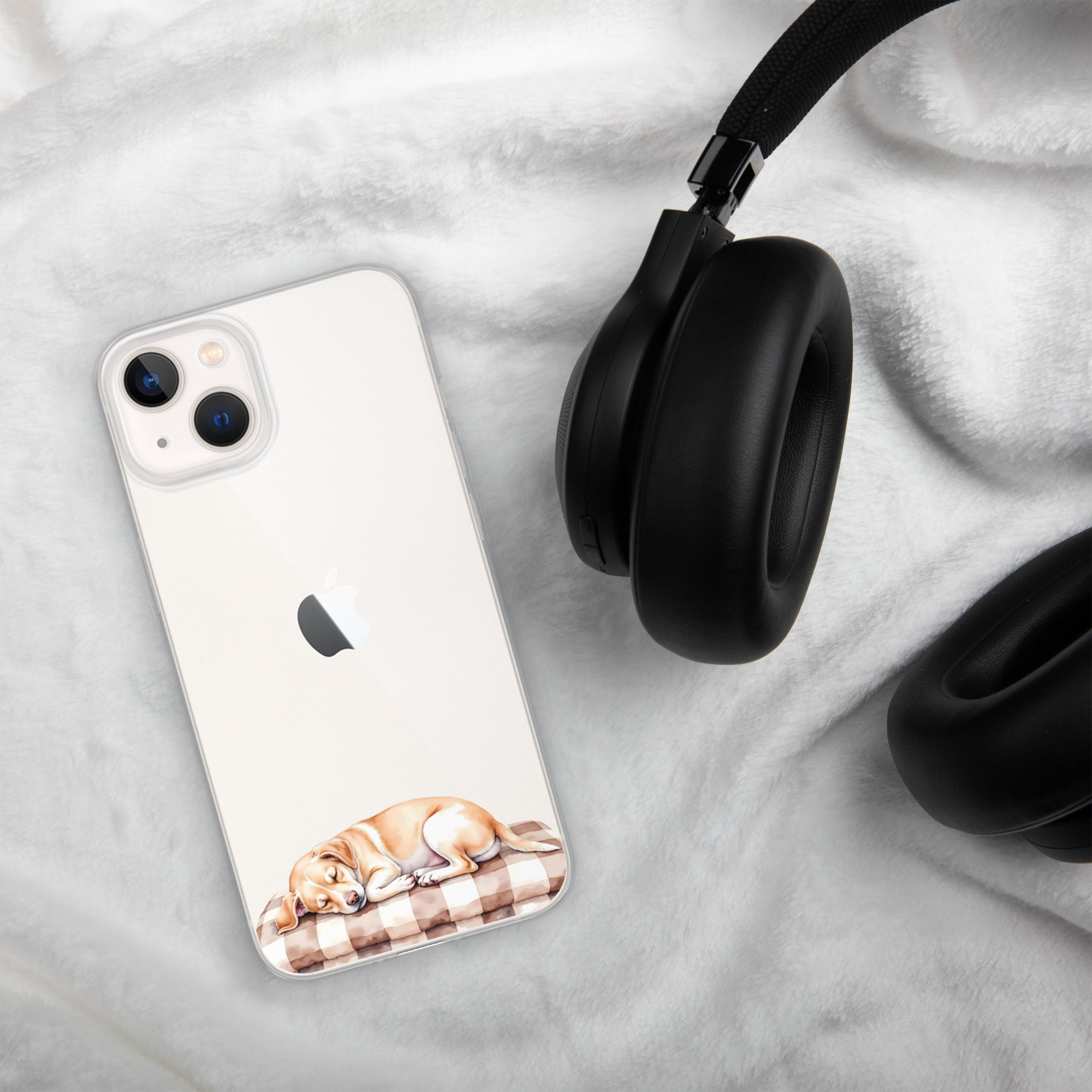 Sleepy Dog on Checkered Blanket Clear Case for iPhone 13 - Cute Cozy Puppy Illustration Protective Cover