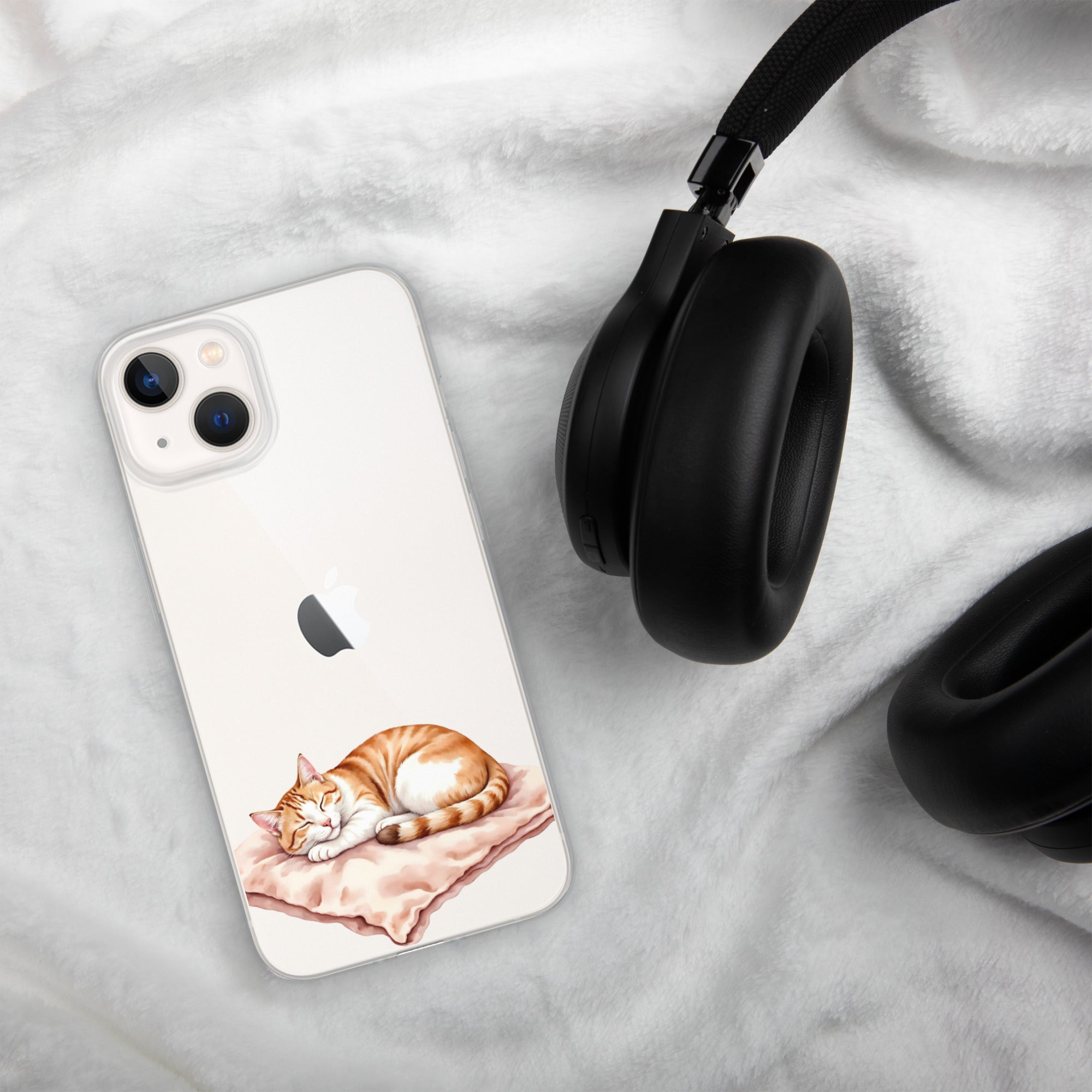 Sleepy Cat on Pillow Clear Case for iPhone 13 - Cute Cozy Kitty Illustration Protective Cover