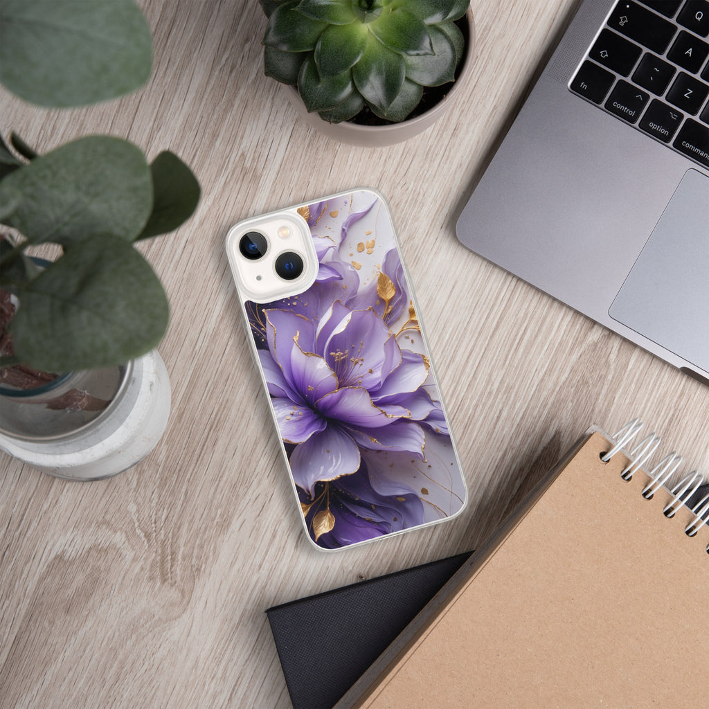 Royal Violet Bloom Clear Case for iPhone 13 - Luxury Purple & Gold Floral Protective Cover
