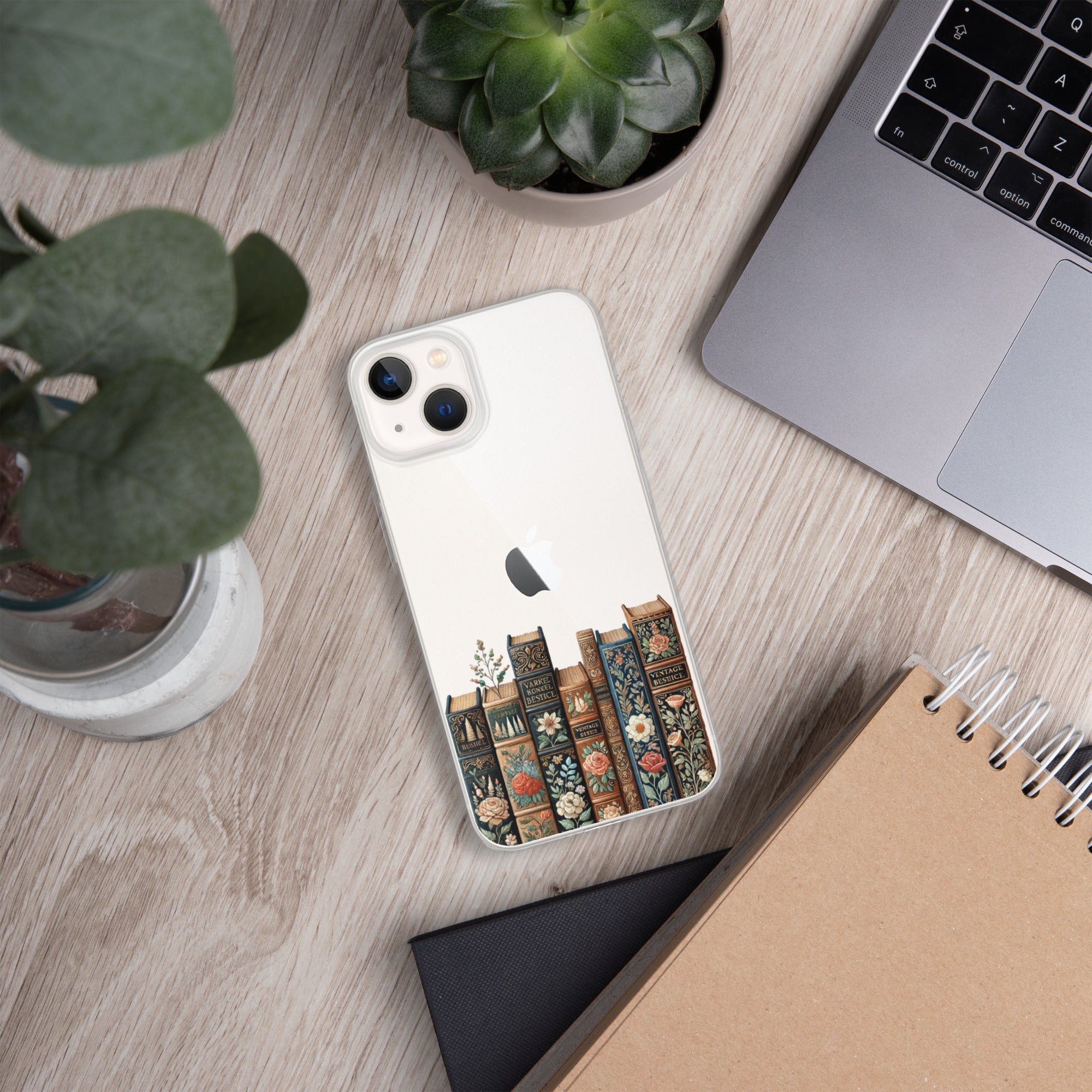 Vintage Floral Bookshelf Clear Case for iPhone 13 - Dark Academia Book Lover Cover