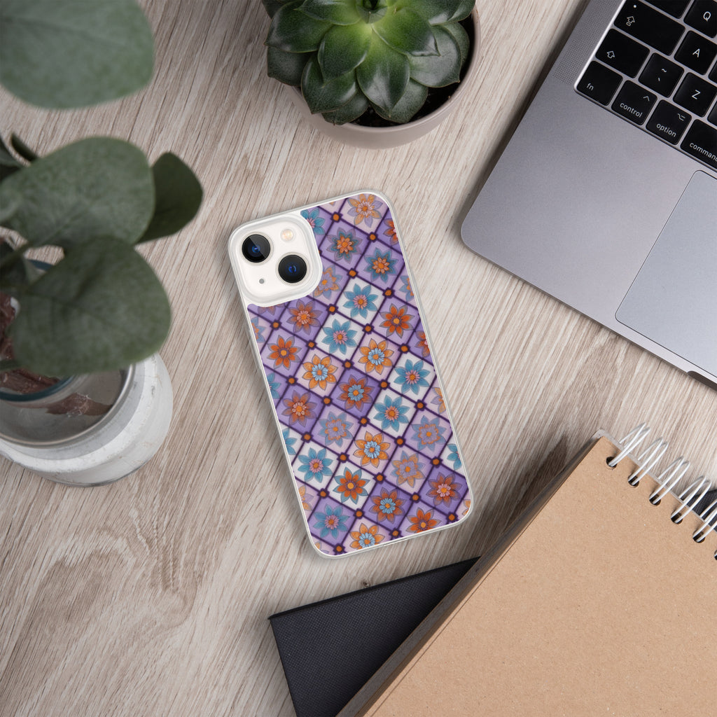 Violet Mosaic Blooms Clear Case for iPhone 13 - Colorful Floral Pattern Protective Cover