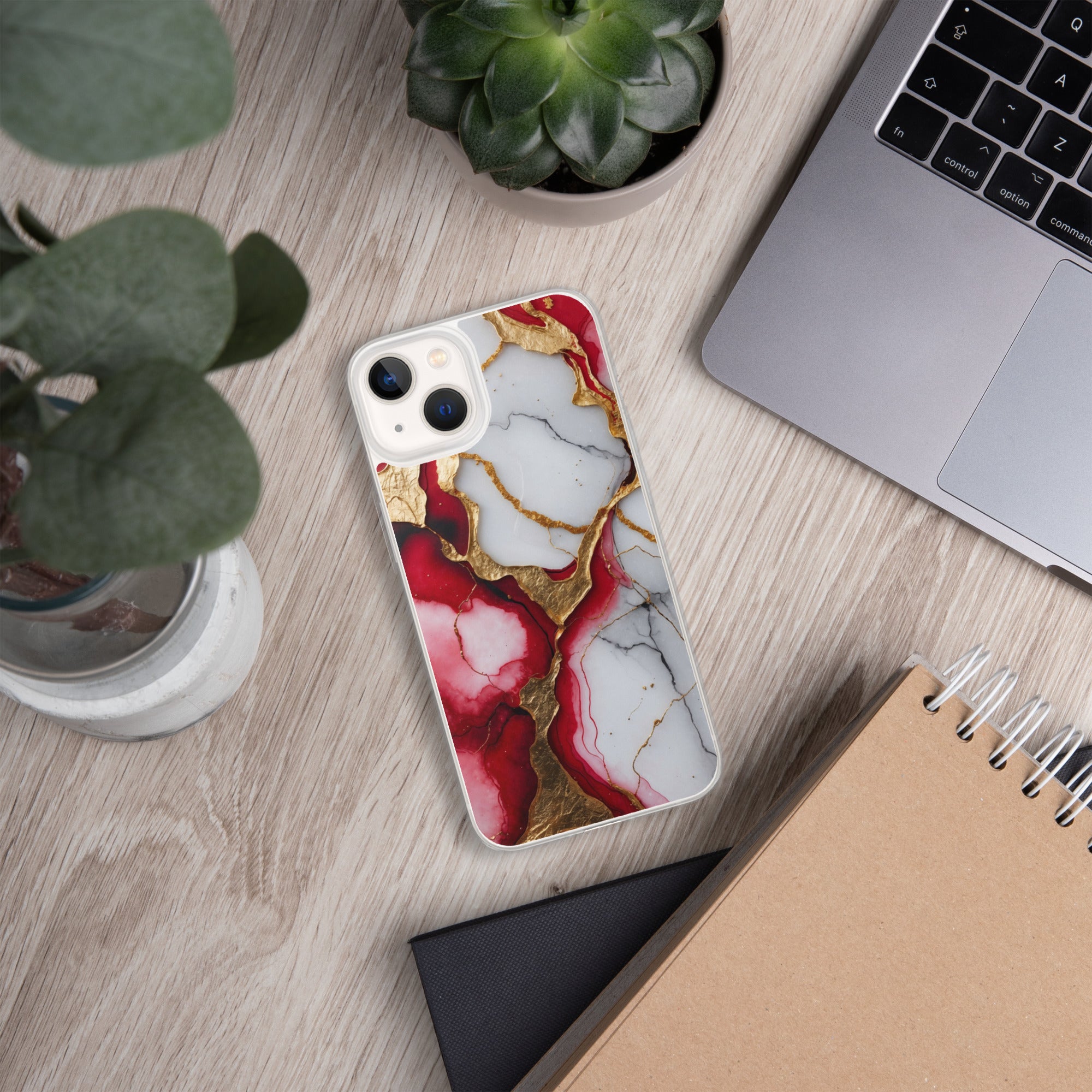 Crimson Golden Marble Luxe Clear Case for iPhone 13 - Luxury Red & Gold Marble Protective Cover
