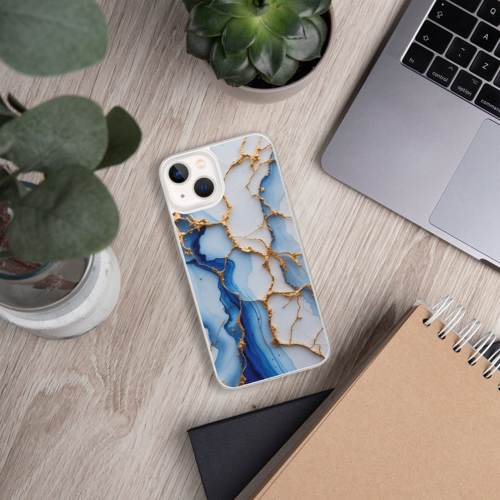 Royal Blue Marble Luxe Clear Case for iPhone 13 - Luxury Blue & Gold Marble Protective Cover