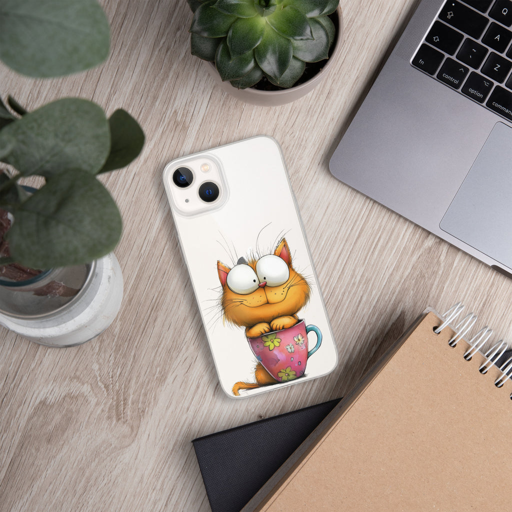 Goofy Cat in Cup Clear Case for iPhone 13 - Funny Cartoon Kitty Protective Cover