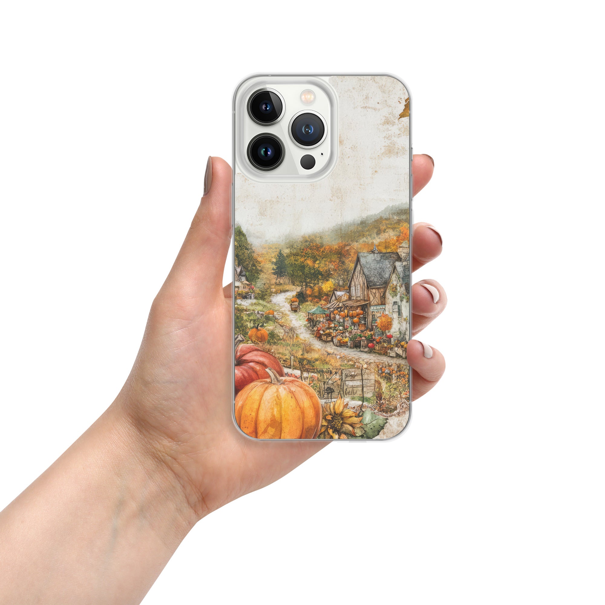 Autumn Village Clear Case for iPhone 13 Pro - Fall Rustic Pumpkin Design Protective Cover