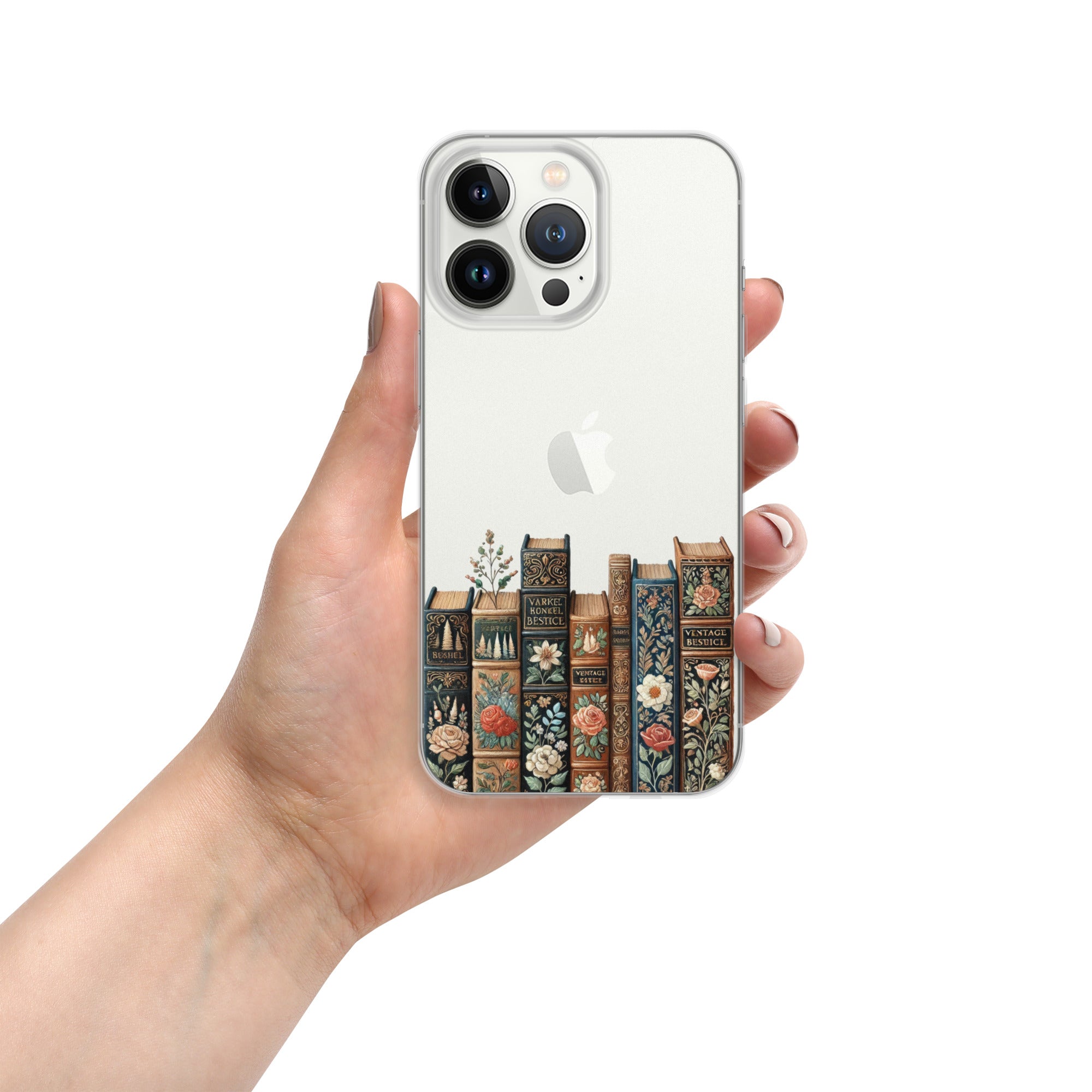 Vintage Floral Bookshelf Clear Case for iPhone 13 Pro - Dark Academia Book Lover Cover