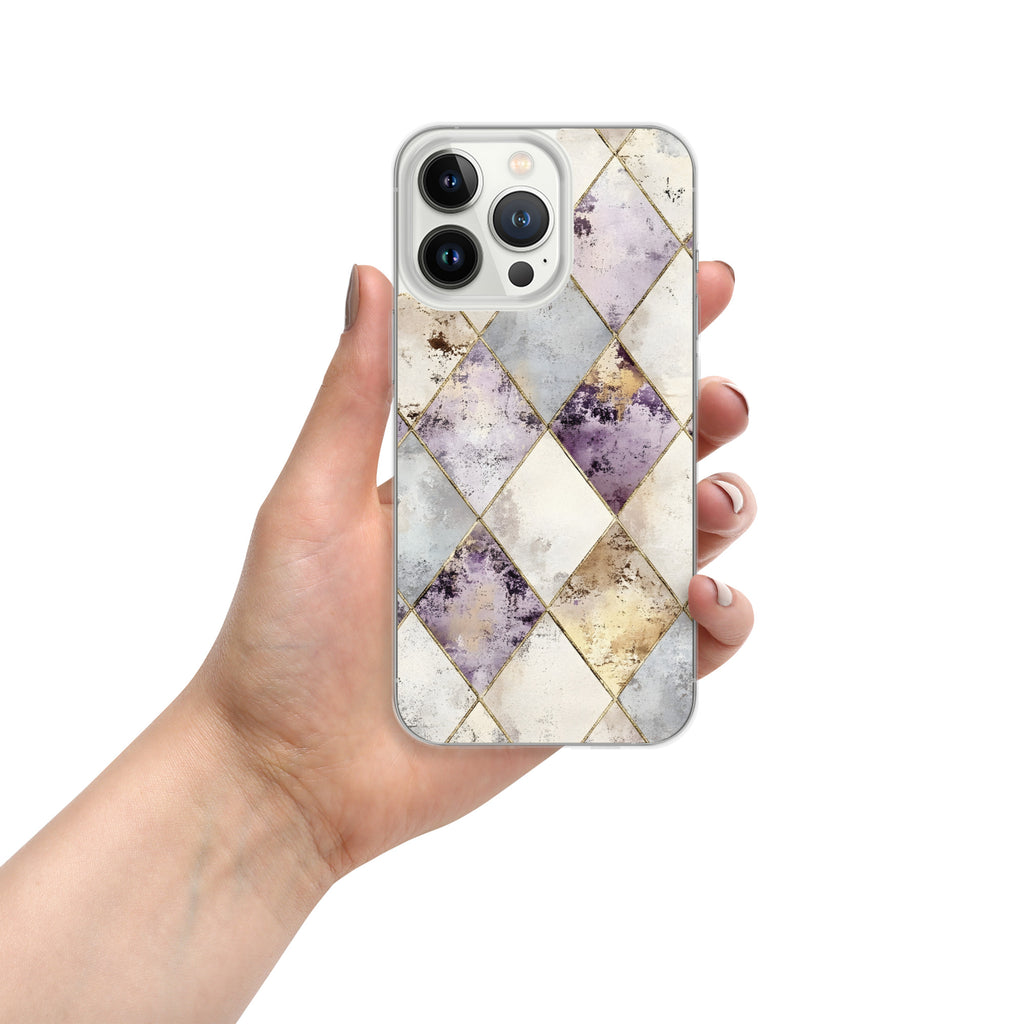 Golden Harlequin Damask Clear Case for iPhone 13 Pro - Elegant Gold Geometric Protective Cover