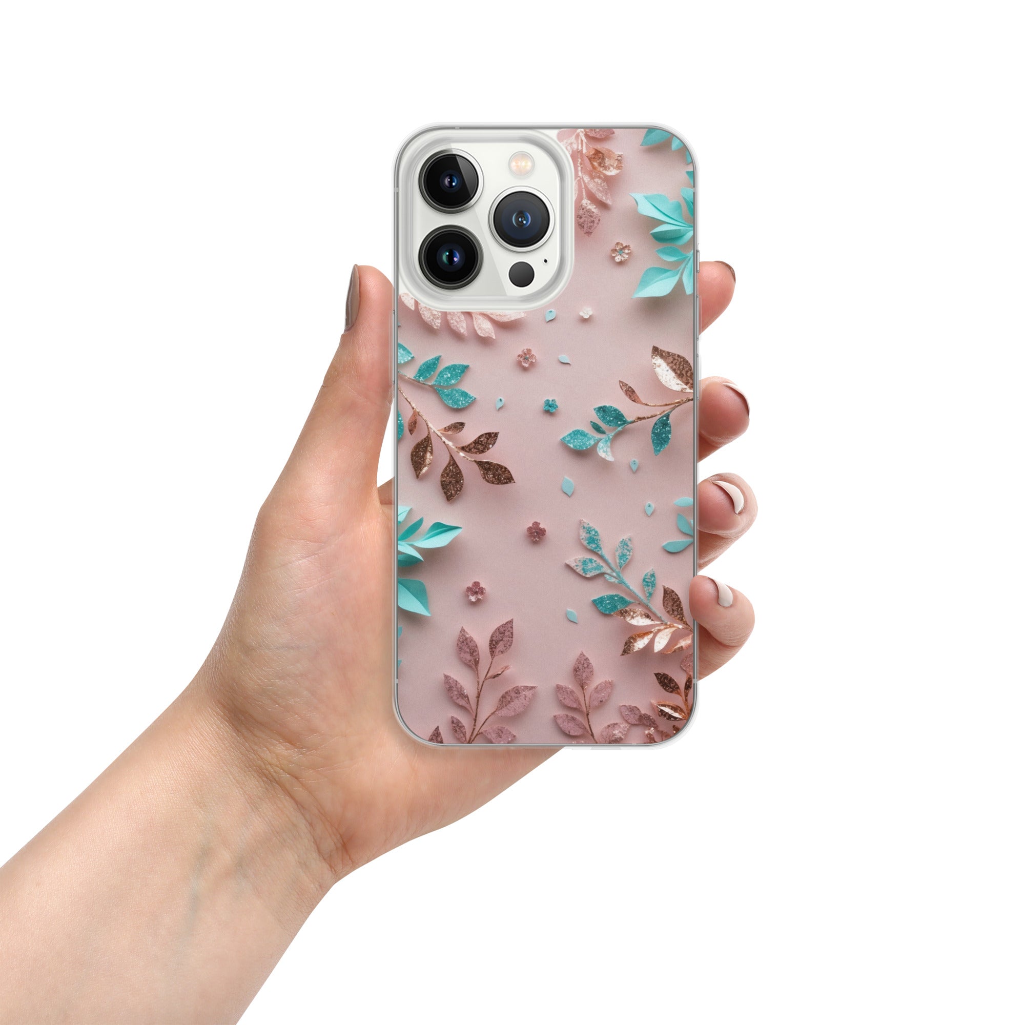 Blush Garden Glam Clear Case for iPhone 13 Pro - Pink & Teal Glitter Floral Protective Cover