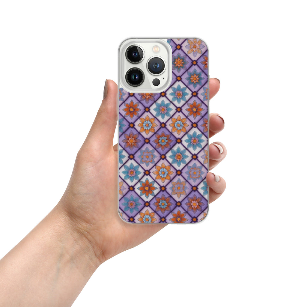 Violet Mosaic Blooms Clear Case for iPhone 13 Pro - Colorful Floral Pattern Protective Cover
