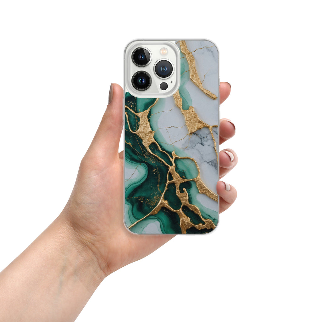 Emerald Golden Marble Flow Clear Case for iPhone 13 Pro - Luxury Green & Gold Marble Protective Cover