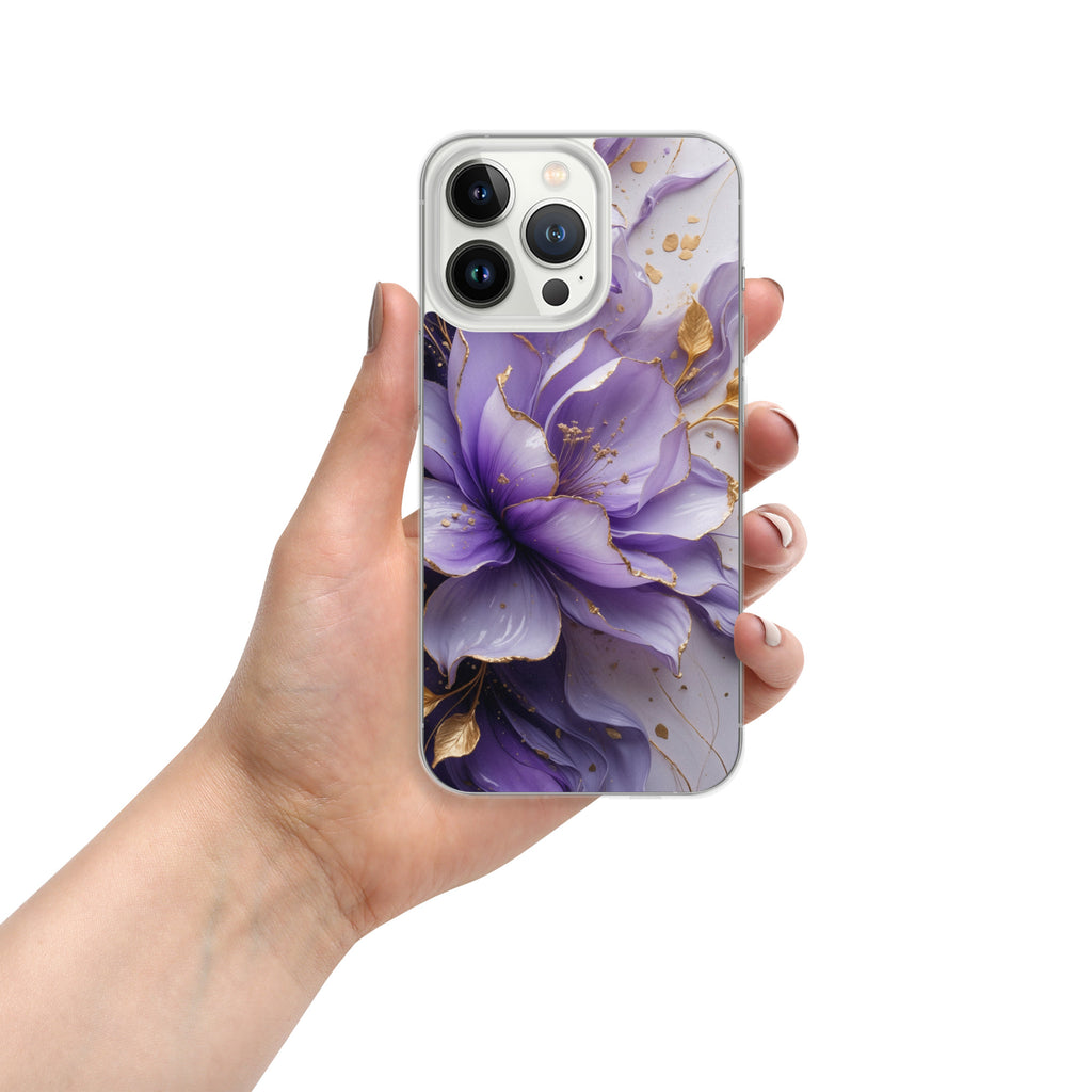 Royal Violet Bloom Clear Case for iPhone 13 Pro - Luxury Purple & Gold Floral Protective Cover