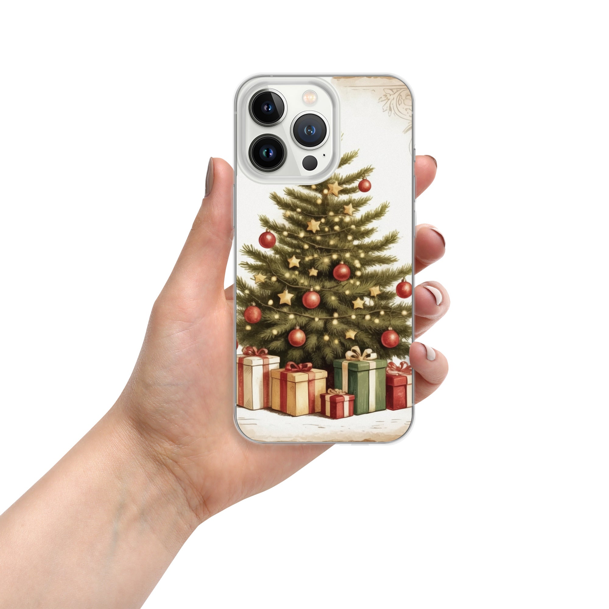 Vintage Christmas Tree Clear Case for iPhone 13 Pro - Festive Holiday Tree & Gifts Protective Cover